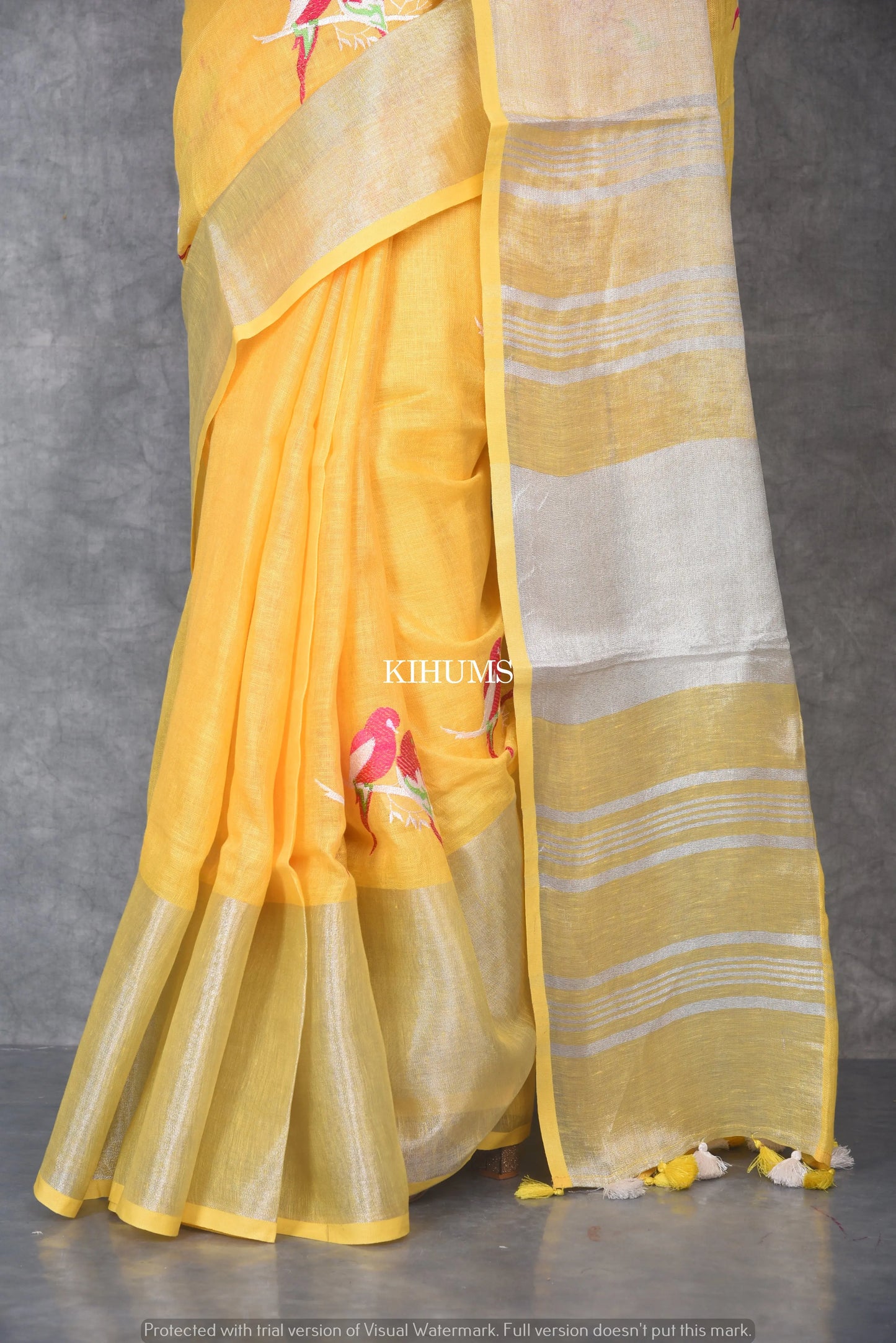Yellow Handwoven Linen Saree with Embroidery Work | Silver Zari Border | KIHUMS Saree kihums clothing