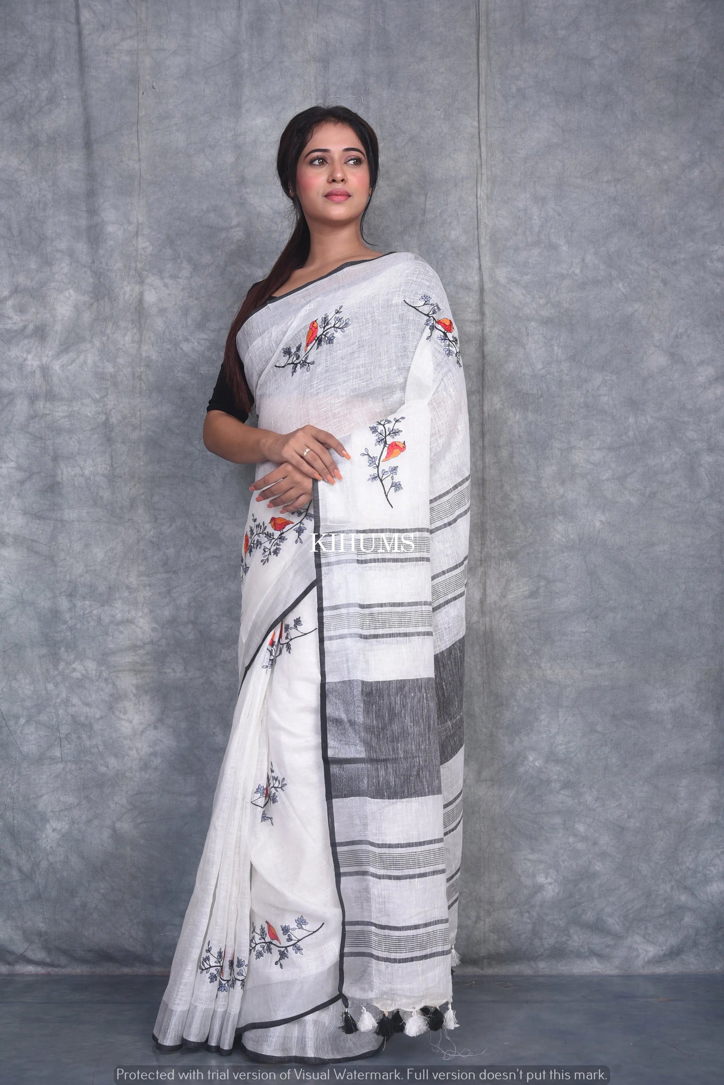 White Handwoven Linen Saree with Embroidery Work | Silver Zari Border | KIHUMS Saree kihums clothing