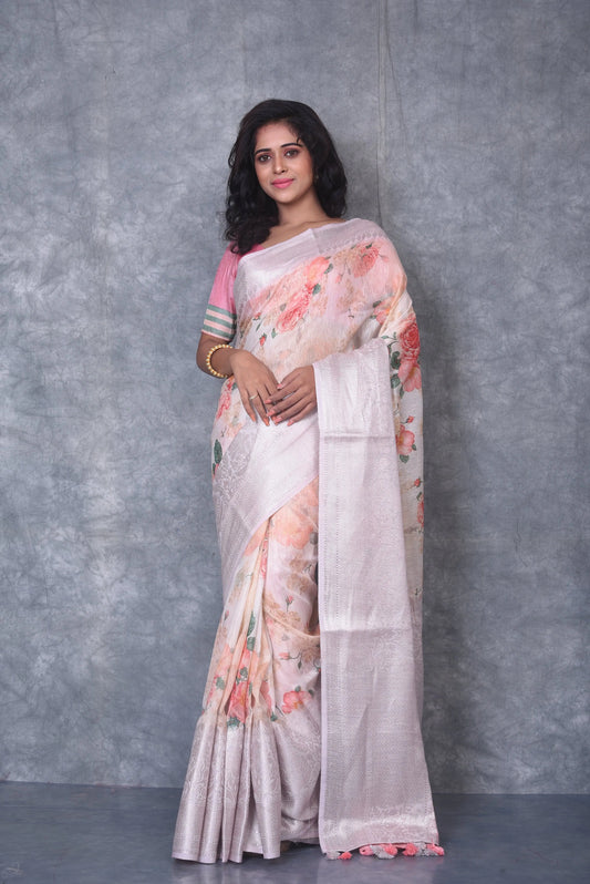 Floral Printed Banarasi Silk Linen Saree | Silver Woven Zari Border | KIHUMS Saree kihums clothing