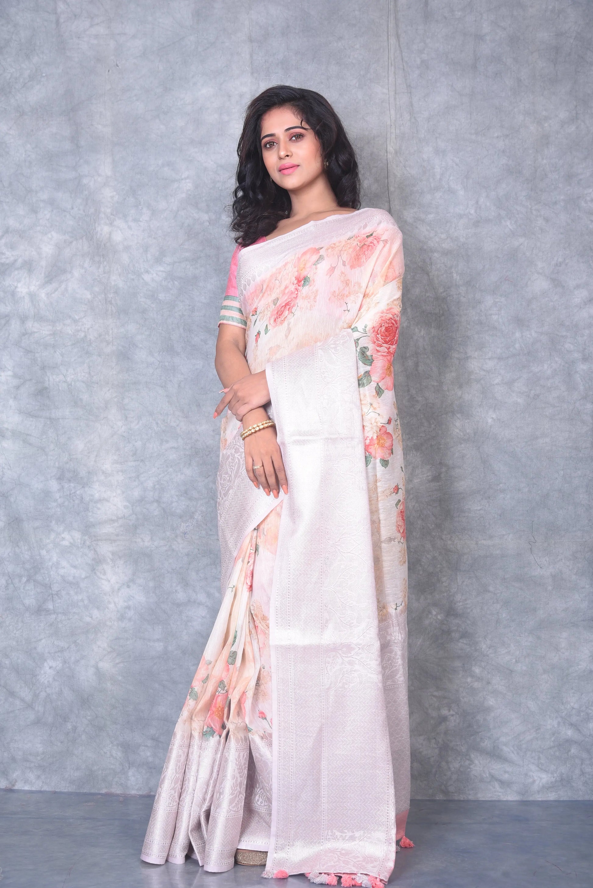 Floral Printed Banarasi Silk Linen Saree | Silver Woven Zari Border | KIHUMS Saree kihums clothing