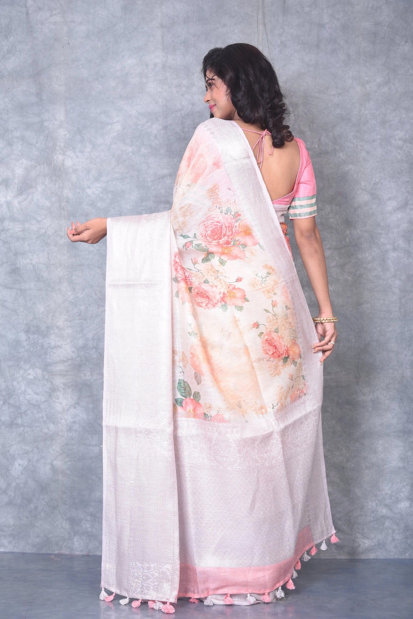 Floral Printed Banarasi Silk Linen Saree | Silver Woven Zari Border | KIHUMS Saree kihums clothing