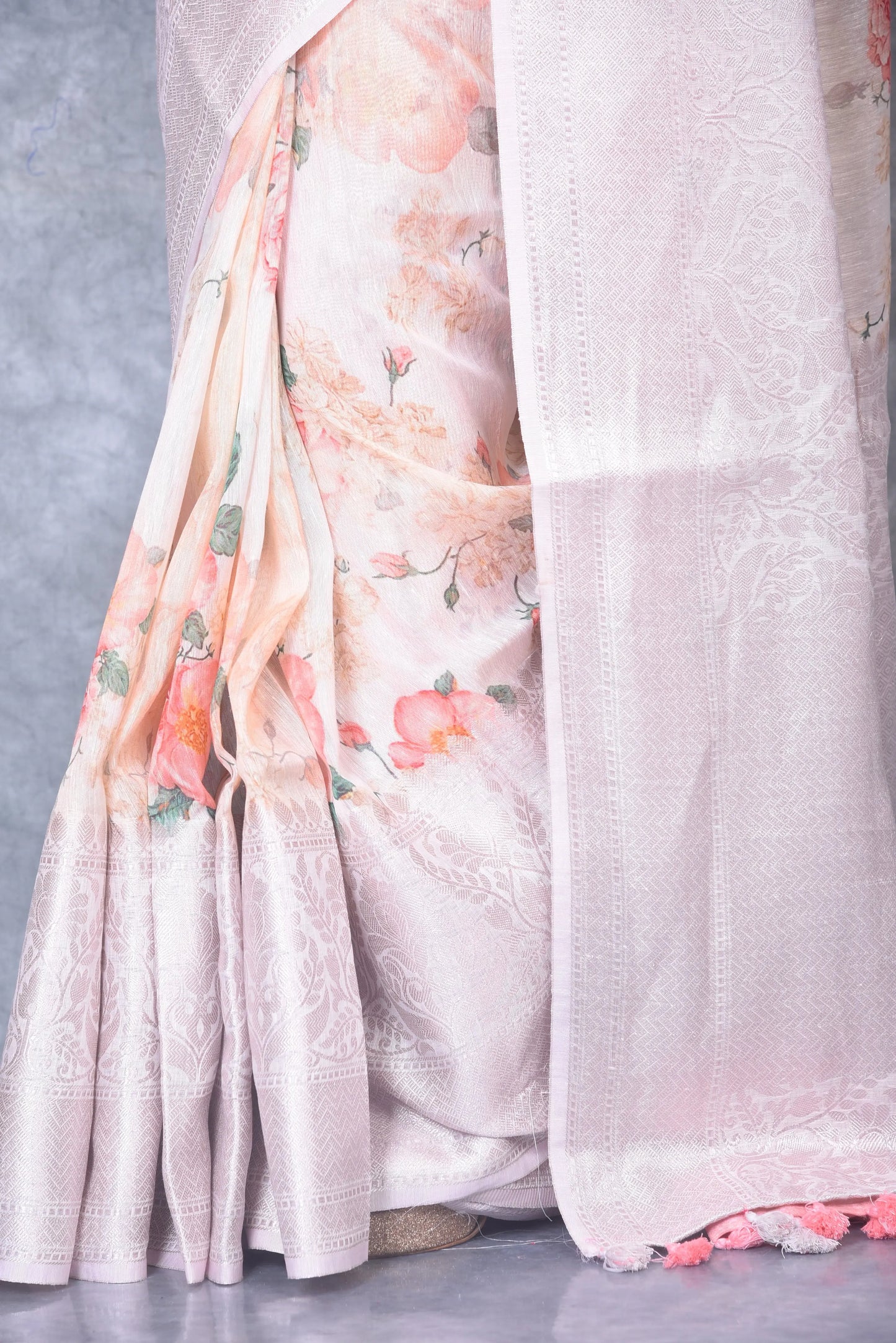 Floral Printed Banarasi Silk Linen Saree | Silver Woven Zari Border | KIHUMS Saree kihums clothing