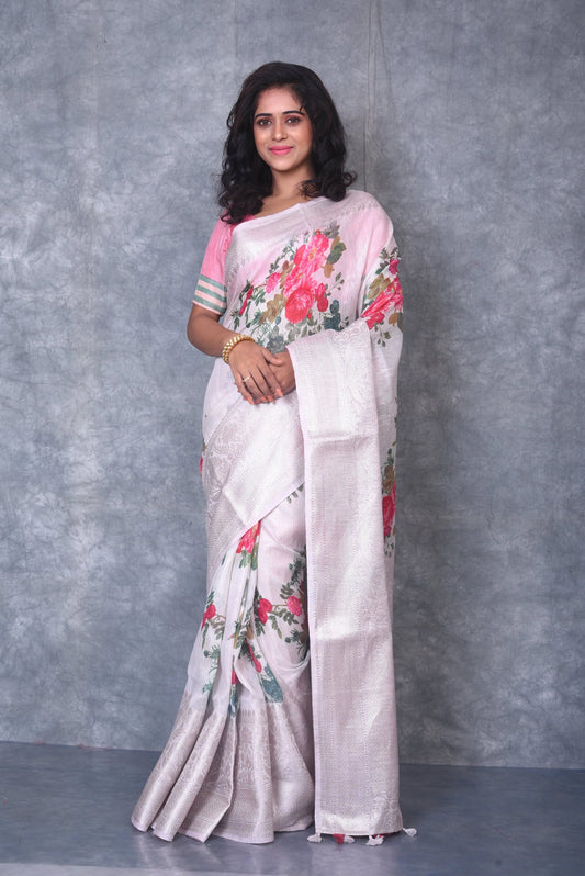 Floral Printed Banarasi Silk Linen Saree | Silver Woven Zari Border | KIHUMS Saree kihums clothing