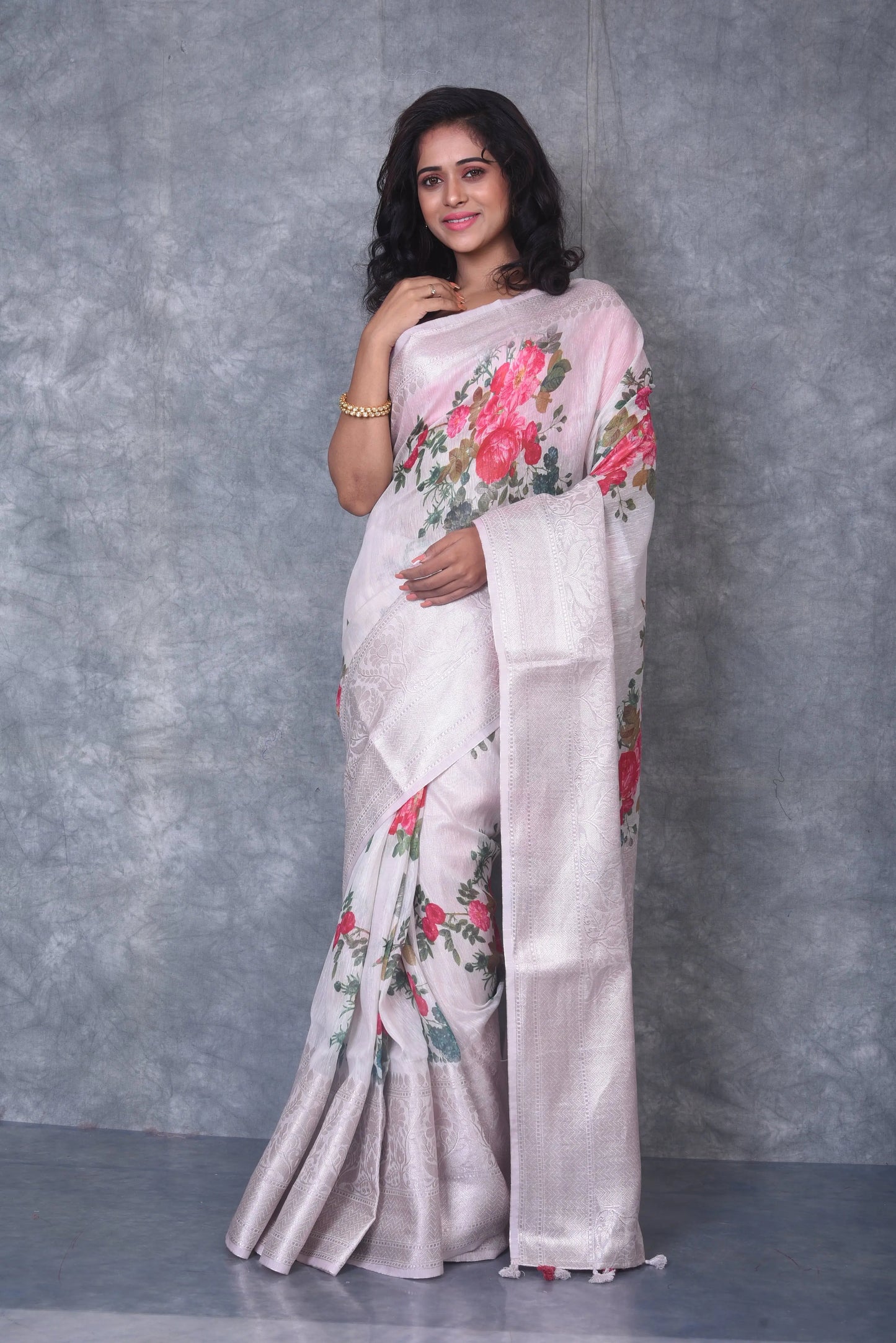 Floral Printed Banarasi Silk Linen Saree | Silver Woven Zari Border | KIHUMS Saree kihums clothing