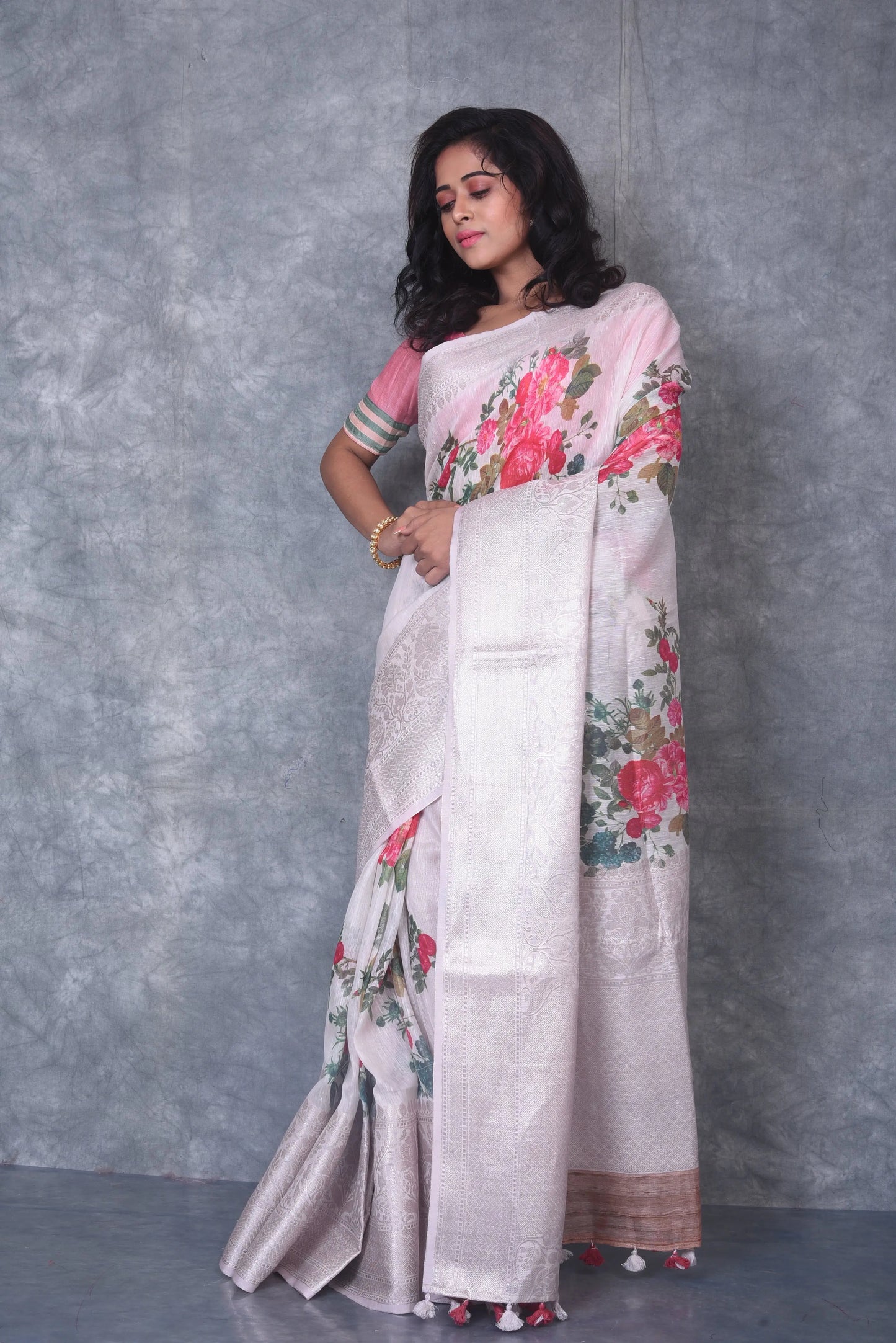 Floral Printed Banarasi Silk Linen Saree | Silver Woven Zari Border | KIHUMS Saree kihums clothing