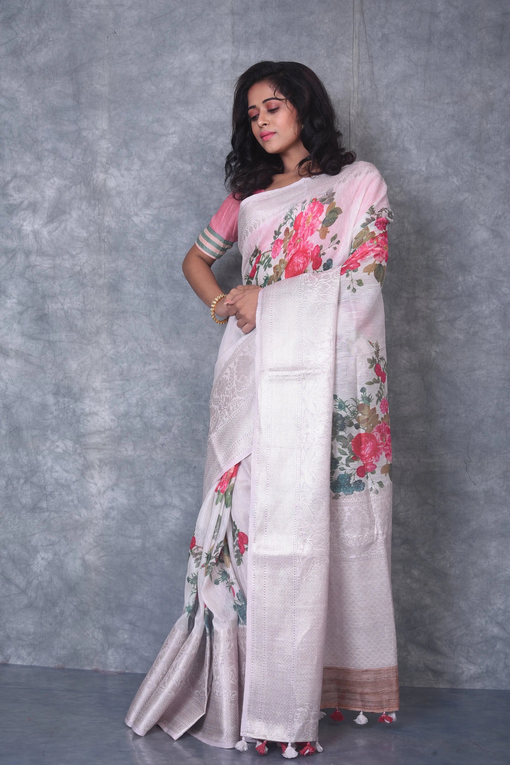 Floral Printed Banarasi Silk Linen Saree | Silver Woven Zari Border | KIHUMS Saree kihums clothing