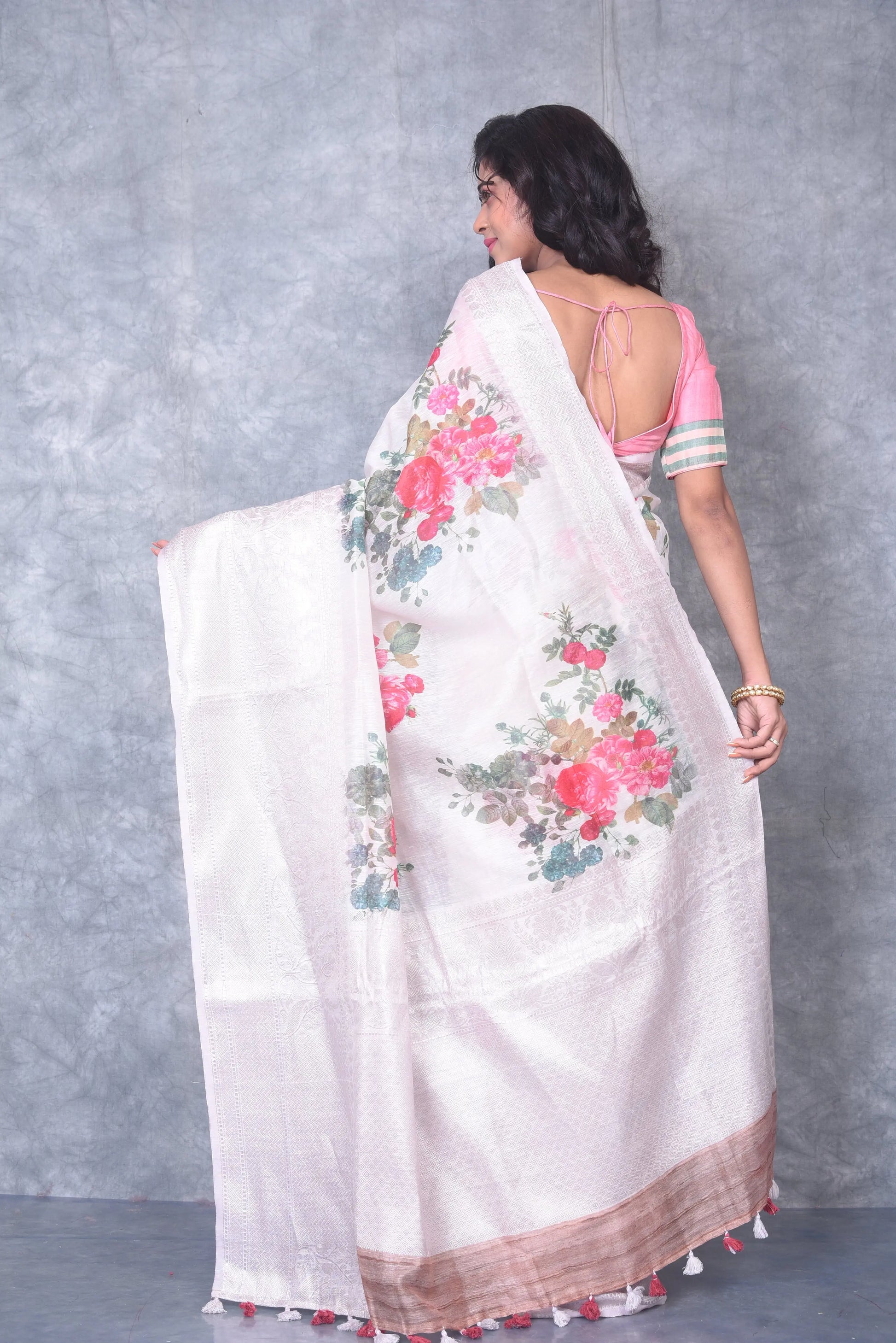 Floral Printed Banarasi Silk Linen Saree | Silver Woven Zari Border | KIHUMS Saree kihums clothing