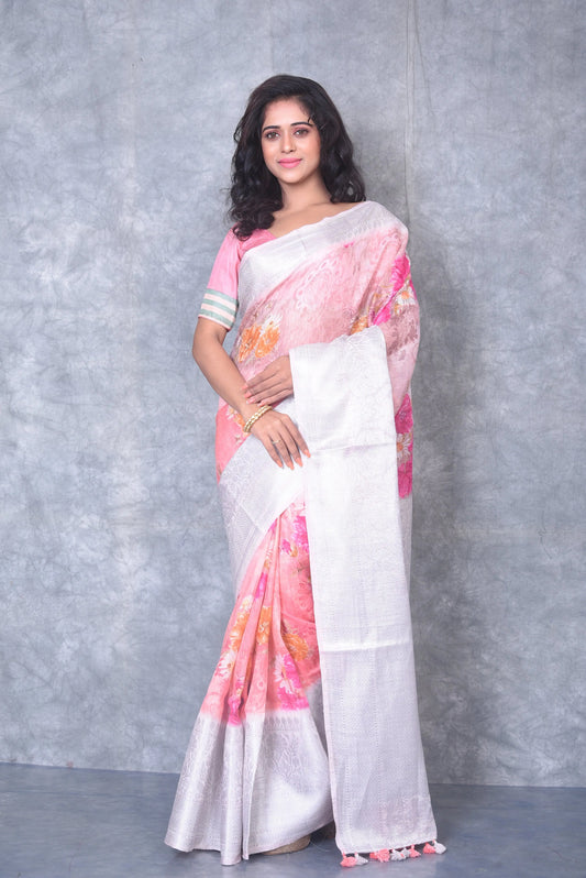 Floral Printed Banarasi Silk Linen Saree | Silver Woven Zari Border | KIHUMS Saree kihums clothing