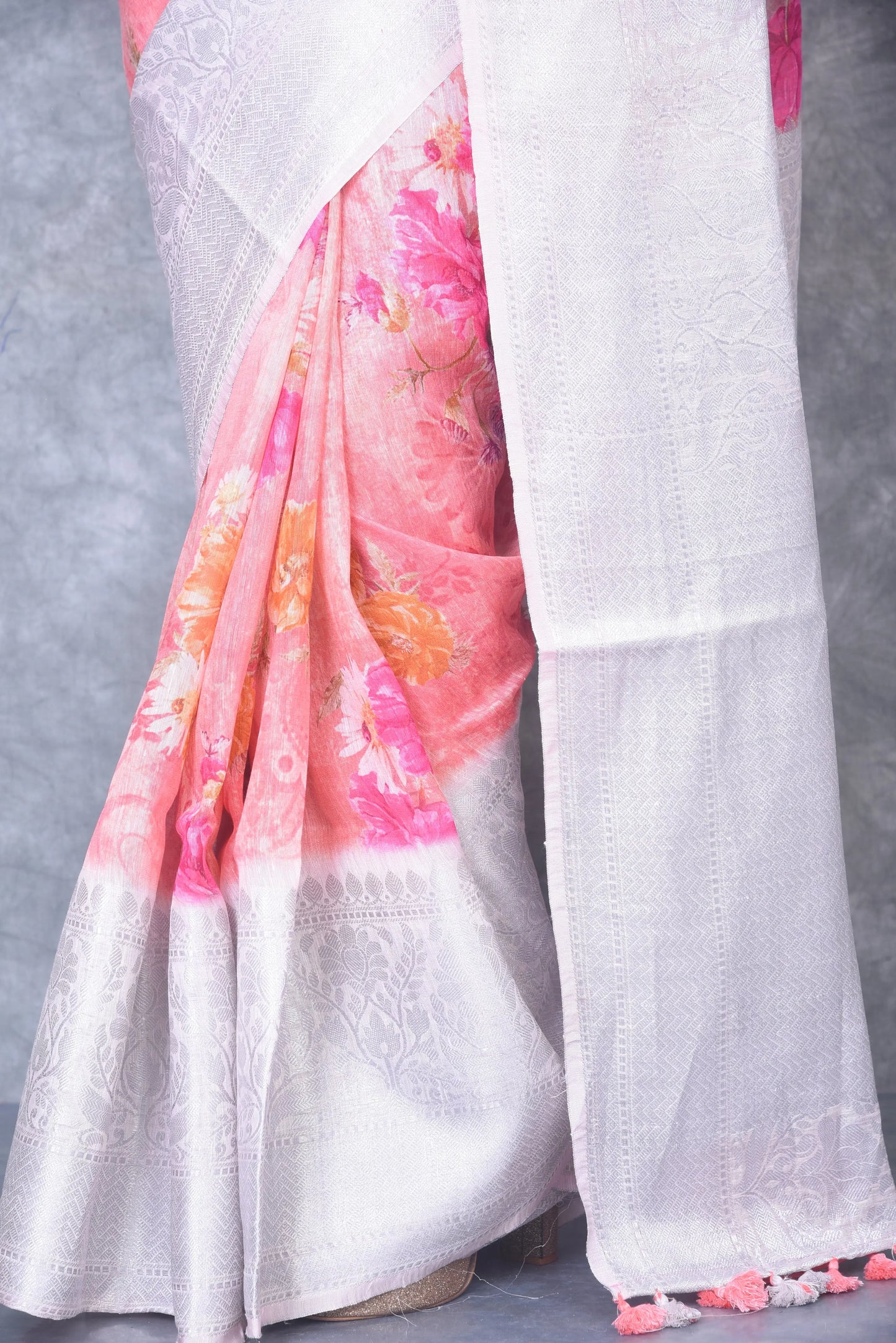 Floral Printed Banarasi Silk Linen Saree | Silver Woven Zari Border | KIHUMS Saree kihums clothing