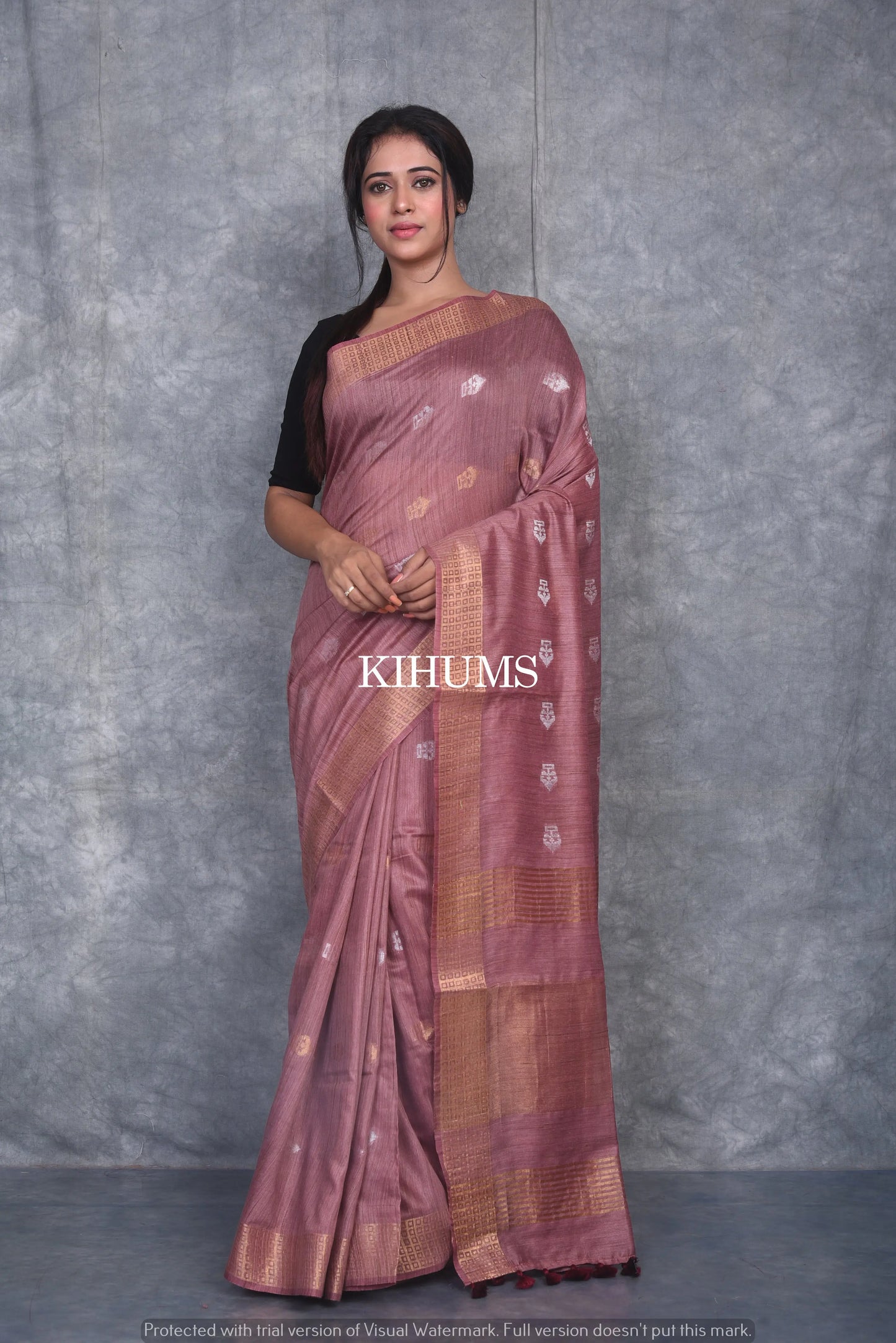 Brick Gold Shade Handmade Baswada Silk Saree | Gold and Silver Zari Boota | KIHUMS Saree