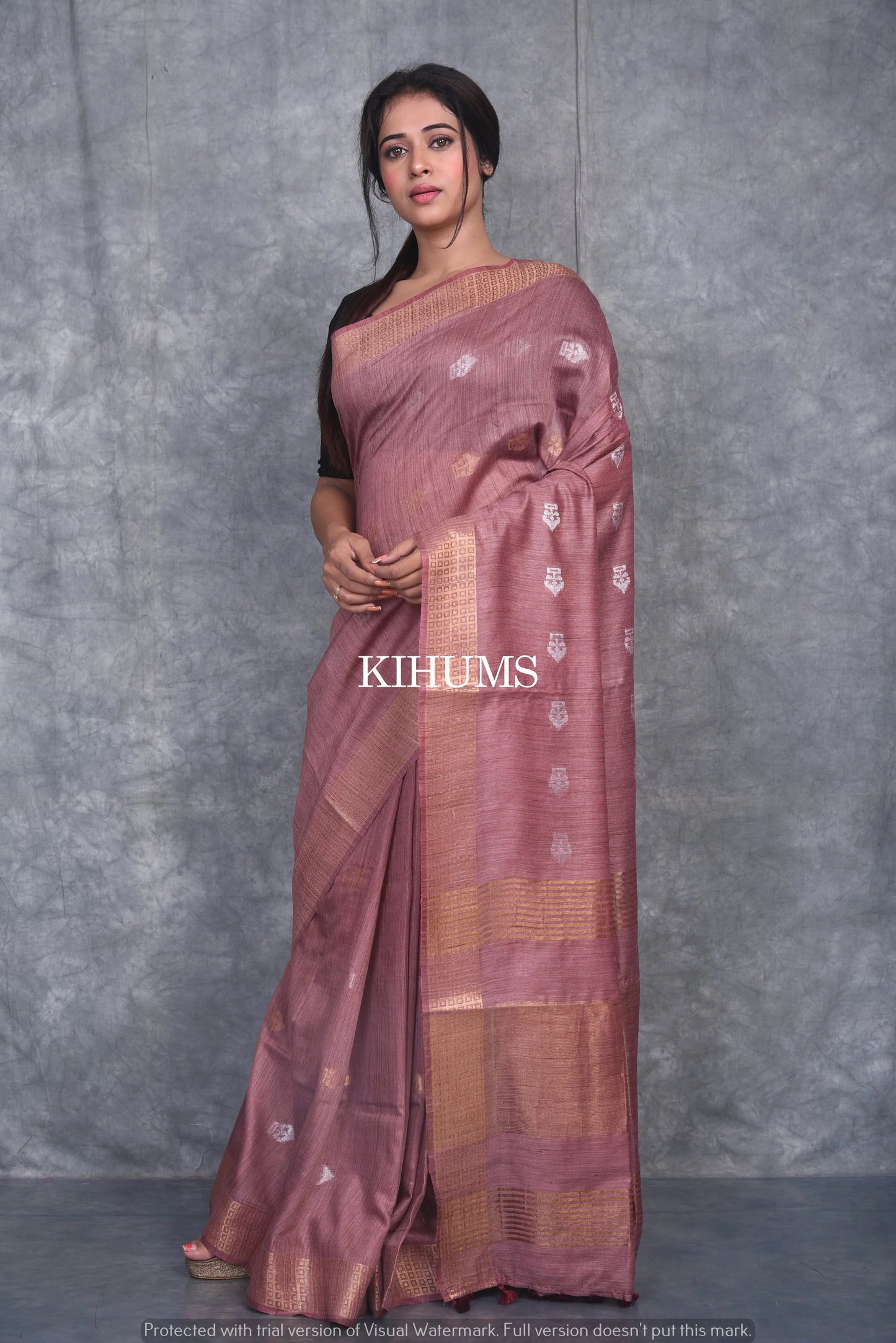 Brick Gold Shade Handmade Baswada Silk Saree | Gold and Silver Zari Boota | KIHUMS Saree