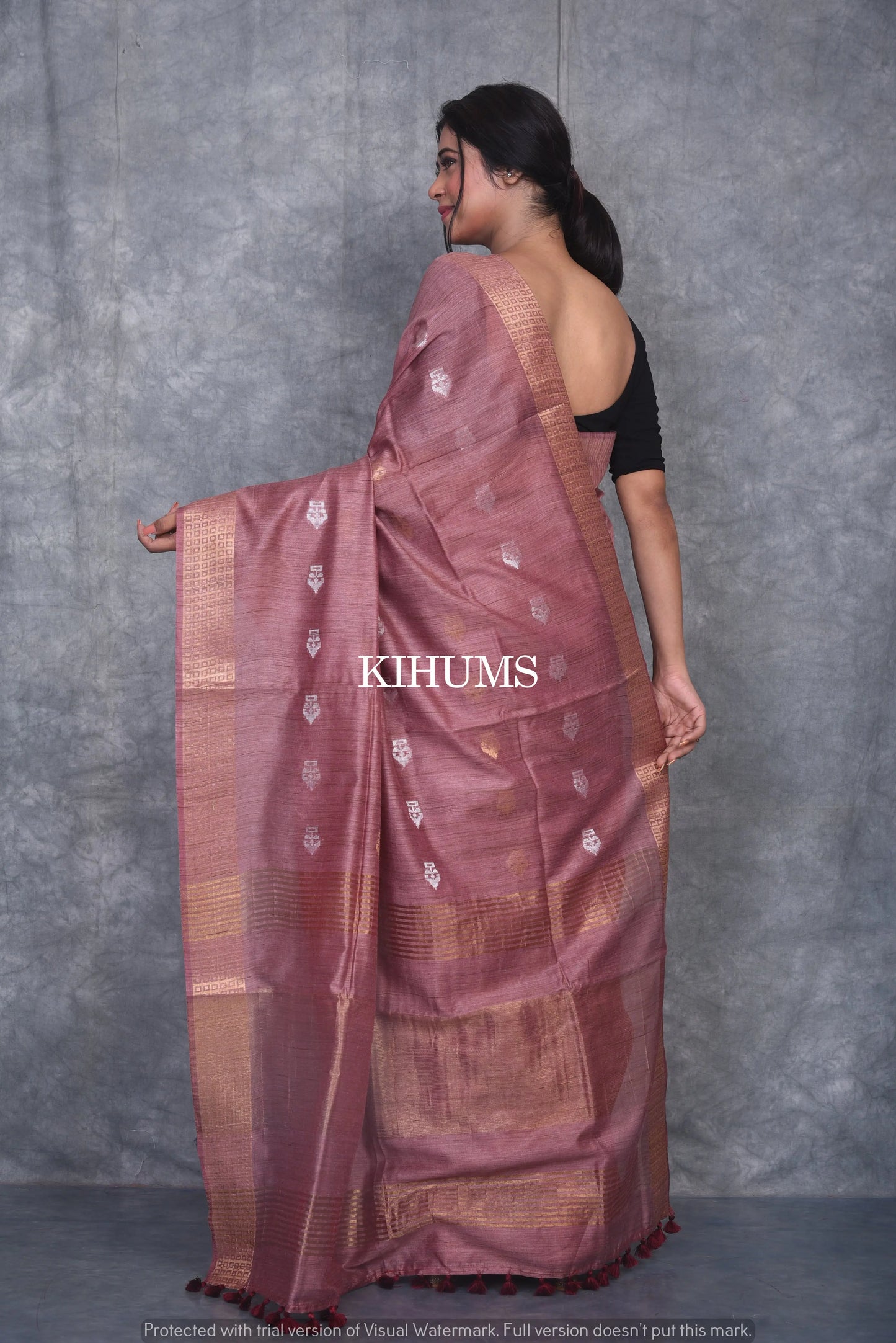 Brick Gold Shade Handmade Baswada Silk Saree | Gold and Silver Zari Boota | KIHUMS Saree