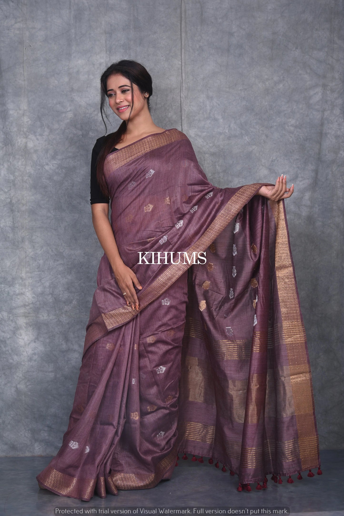 Brinjal Shade Handmade Baswada Silk Saree | Gold and Silver Zari Boota | KIHUMS Saree