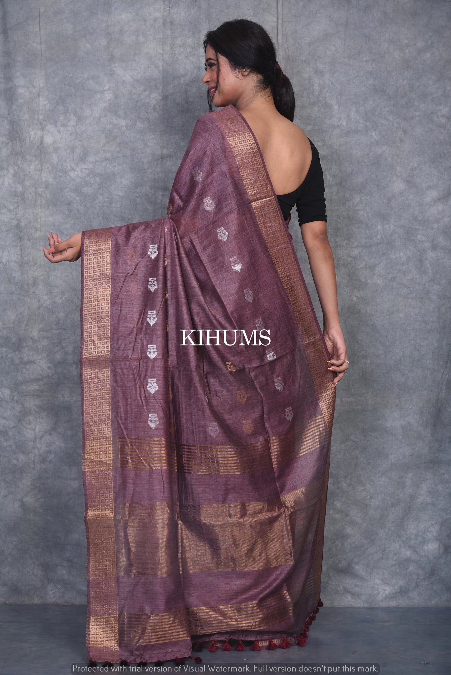 Brinjal Shade Handmade Baswada Silk Saree | Gold and Silver Zari Boota | KIHUMS Saree