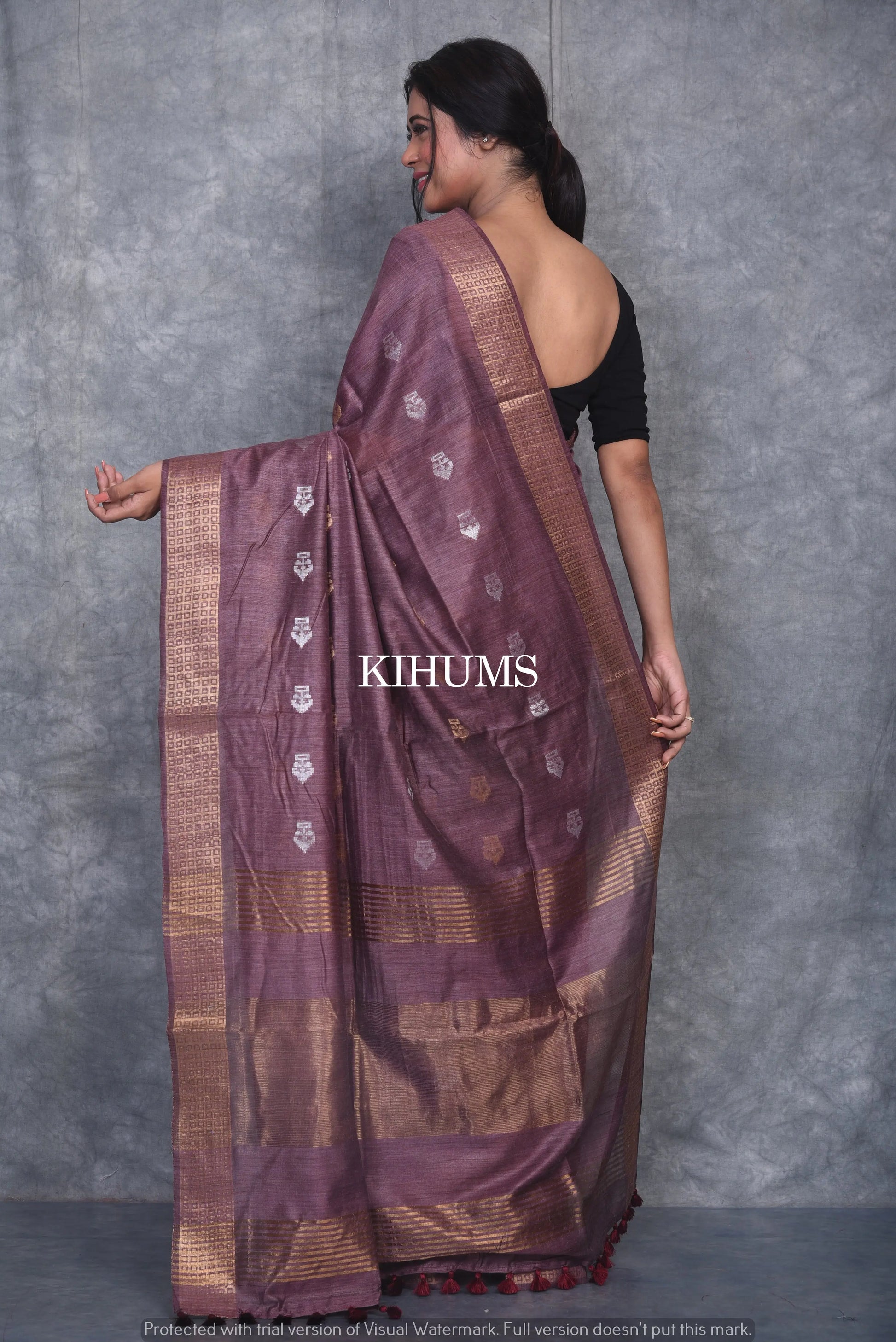 Brinjal Shade Handmade Baswada Silk Saree | Gold and Silver Zari Boota | KIHUMS Saree kihums clothing