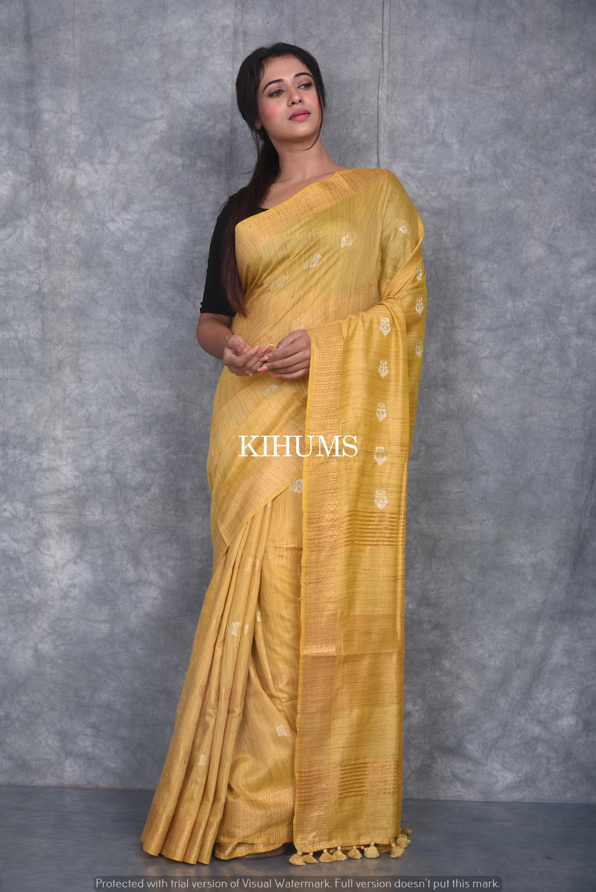 Mustard Shade Handmade Baswada Silk Saree | Gold and Silver Zari Boota | KIHUMS Saree kihums clothing