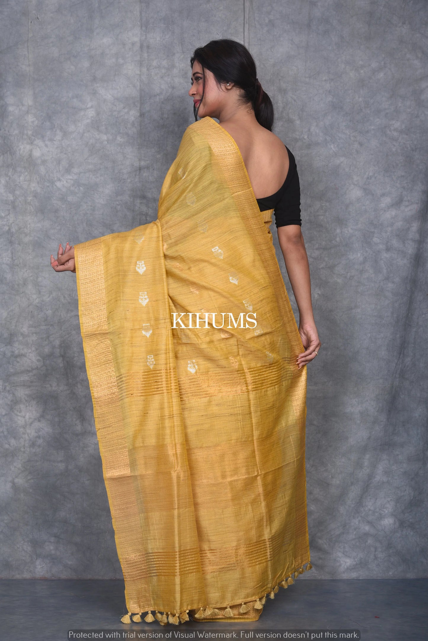 Mustard Shade Handmade Baswada Silk Saree | Gold and Silver Zari Boota | KIHUMS Saree kihums clothing
