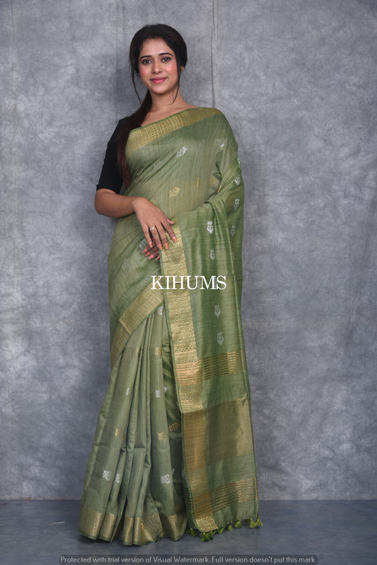 Henna Green Shade Handmade Baswada Silk Saree | Gold and Silver Zari Boota | KIHUMS Saree