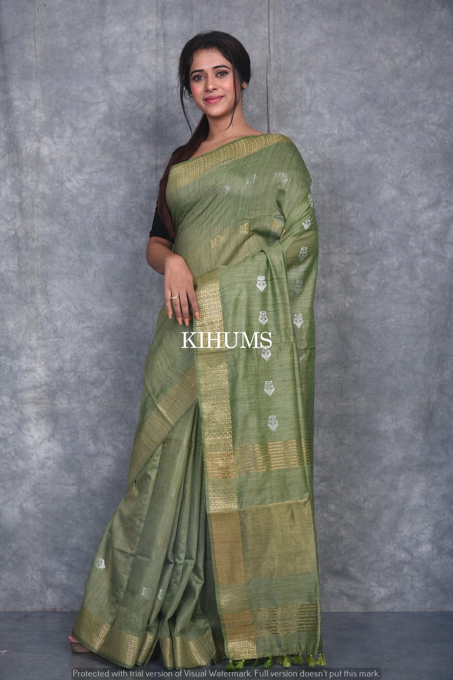 Henna Green Shade Handmade Baswada Silk Saree | Gold and Silver Zari Boota | KIHUMS Saree kihums clothing
