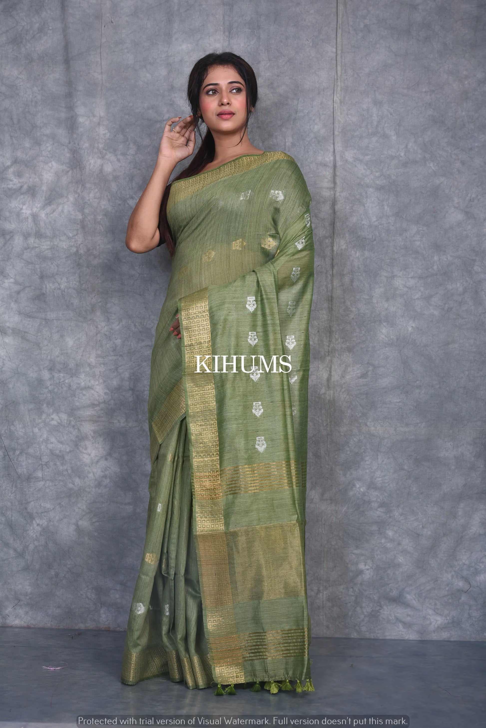 Henna Green Shade Handmade Baswada Silk Saree | Gold and Silver Zari Boota | KIHUMS Saree kihums clothing