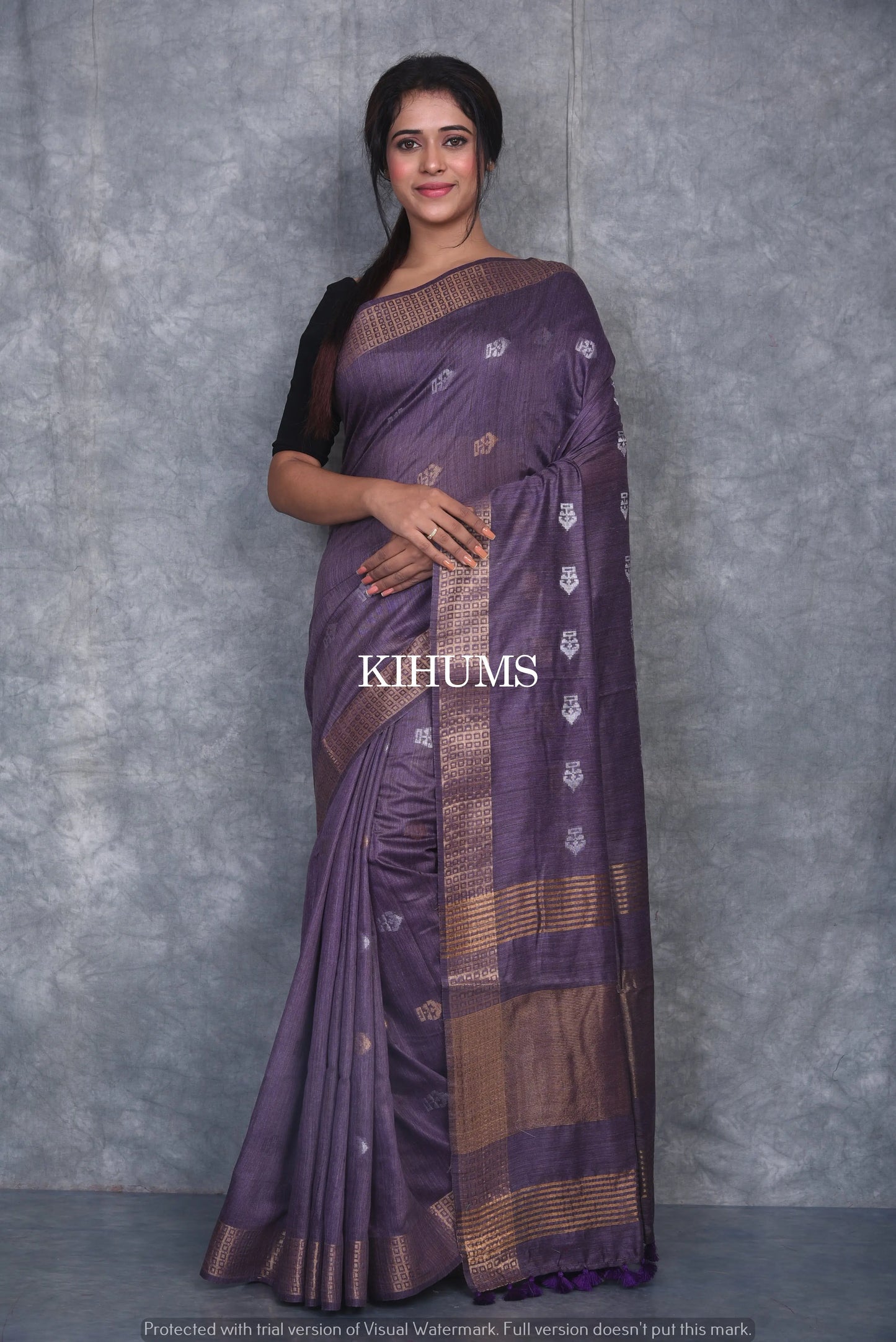 Indigo Shade Handmade Baswada Silk Saree | Gold and Silver Zari Boota | KIHUMS Saree