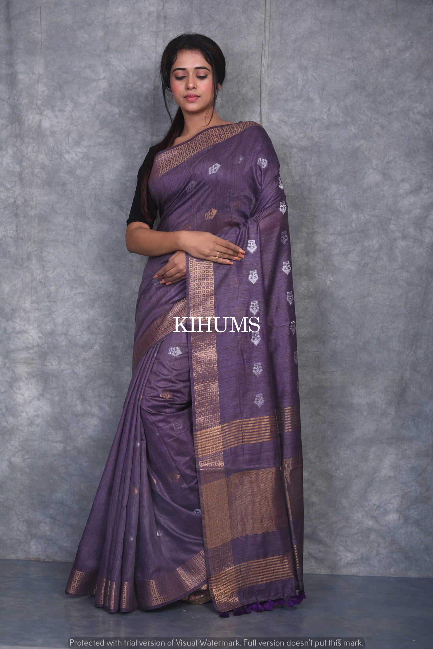 Indigo Shade Handmade Baswada Silk Saree | Gold and Silver Zari Boota | KIHUMS Saree