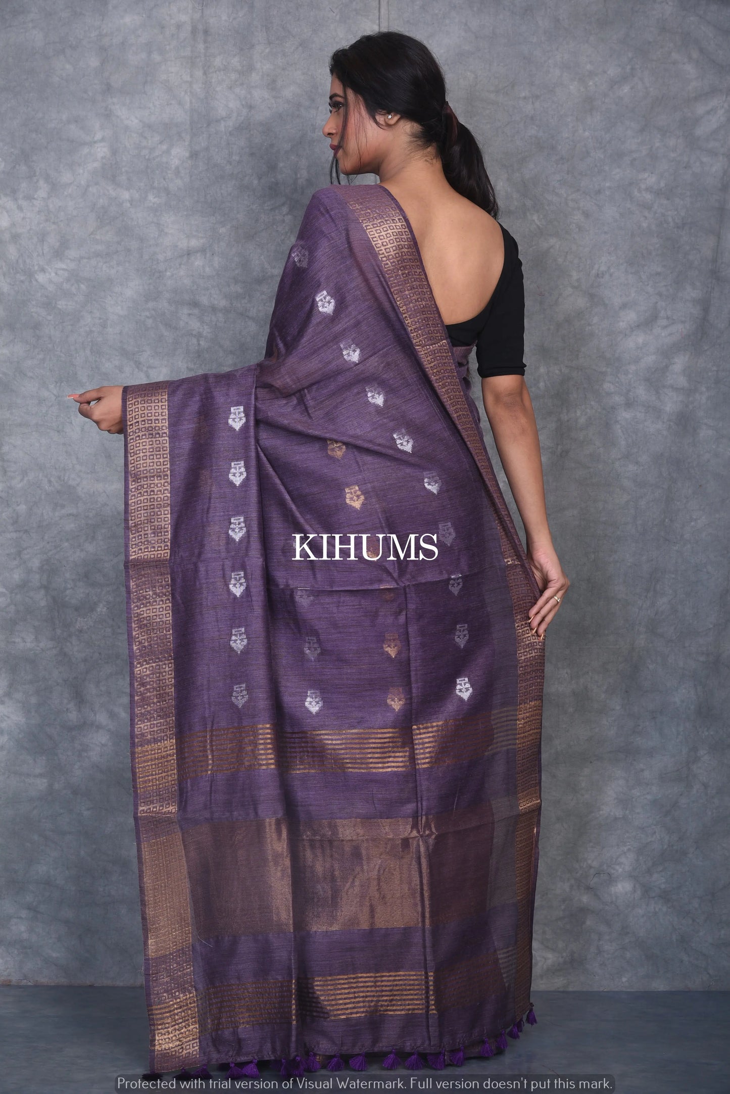 Indigo Shade Handmade Baswada Silk Saree | Gold and Silver Zari Boota | KIHUMS Saree