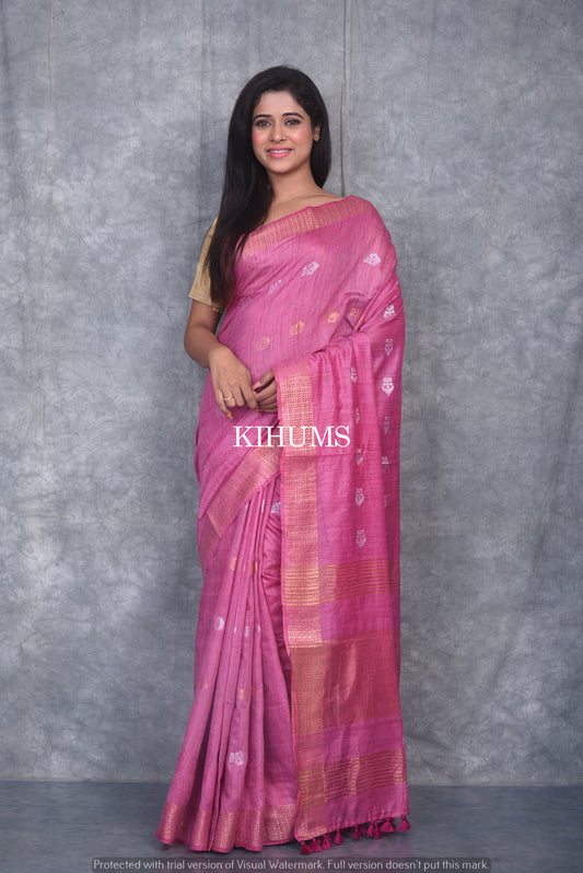 Pink Shade Handmade Baswada Silk Saree | Gold and Silver Zari Boota | KIHUMS Saree