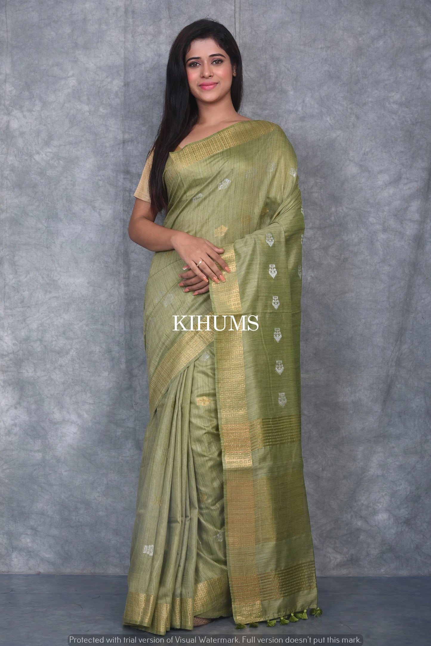 Olive Green Shade Handmade Baswada Silk Saree | Gold and Silver Zari Boota | KIHUMS Saree kihums clothing
