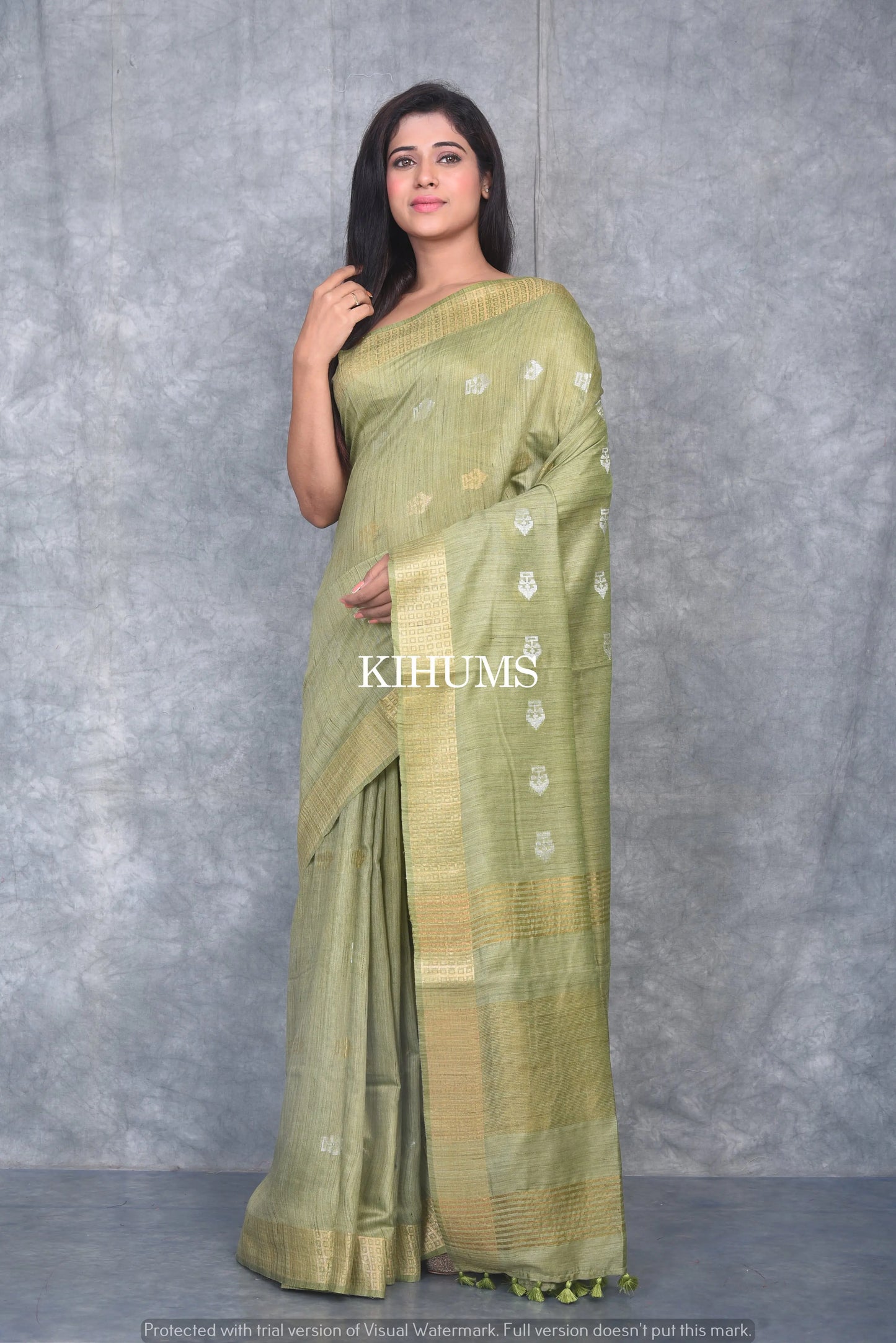 Olive Green Shade Handmade Baswada Silk Saree | Gold and Silver Zari Boota | KIHUMS Saree kihums clothing