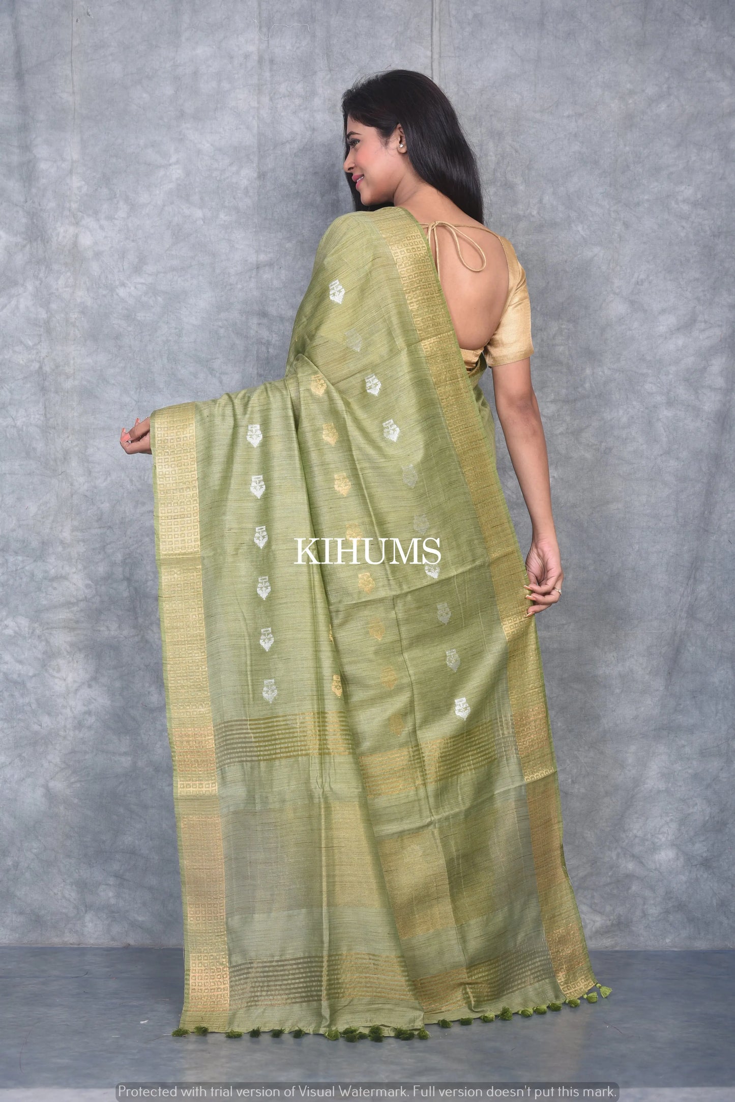 Olive Green Shade Handmade Baswada Silk Saree | Gold and Silver Zari Boota | KIHUMS Saree kihums clothing