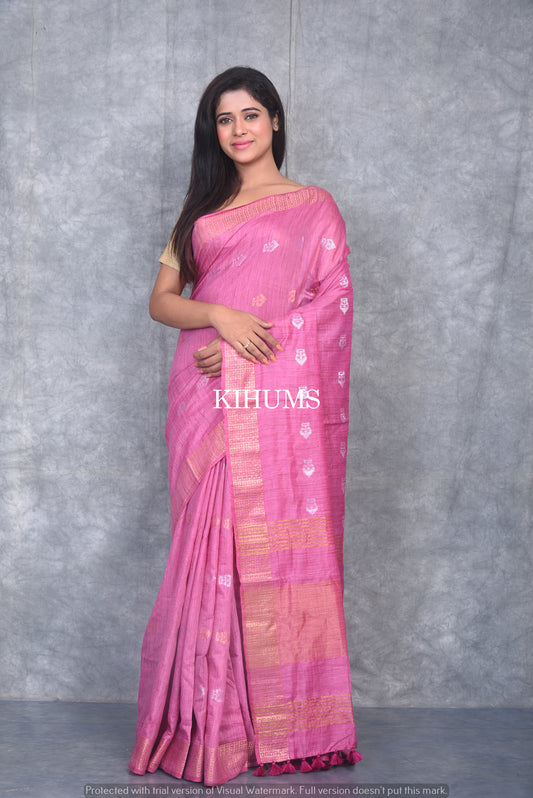 Light Pink Shade Handmade Baswada Silk Saree | Gold and Silver Zari Boota | KIHUMS Saree