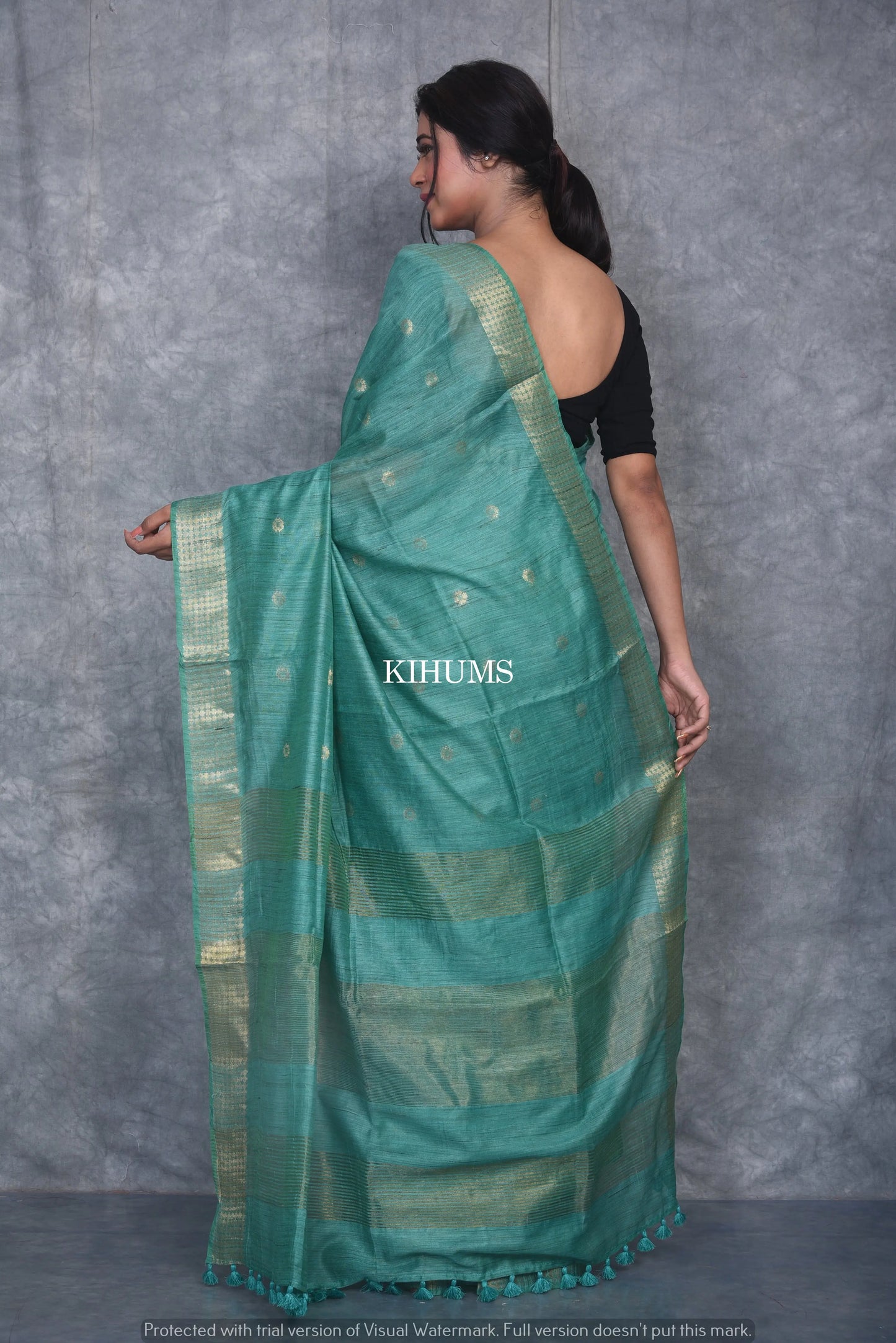 Turquoise Shade Handmade Baswada Silk Saree | Gold Zari Boota | KIHUMS Saree