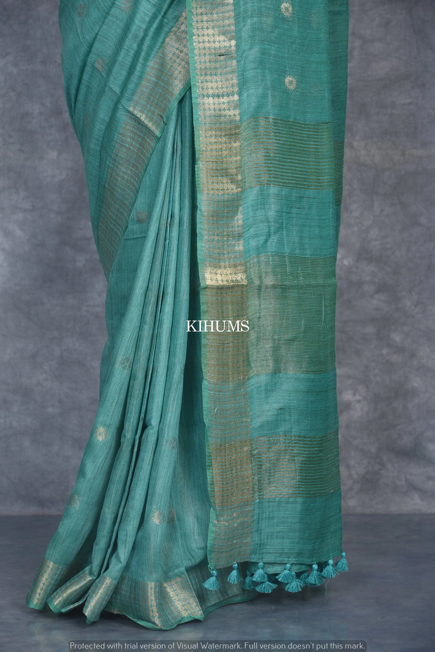 Turquoise Shade Handmade Baswada Silk Saree | Gold Zari Boota | KIHUMS Saree
