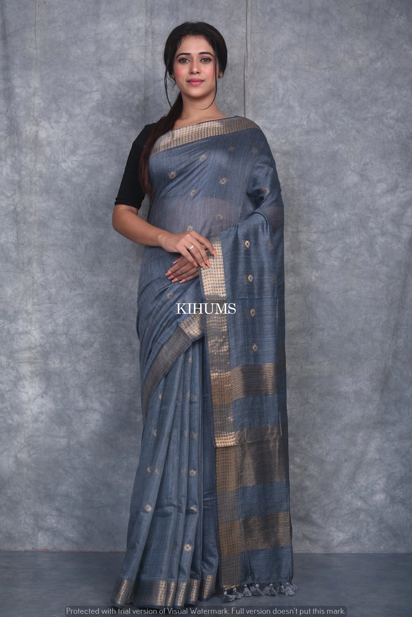 Grey Shade Handmade Baswada Silk Saree | Gold Zari Boota | KIHUMS Saree