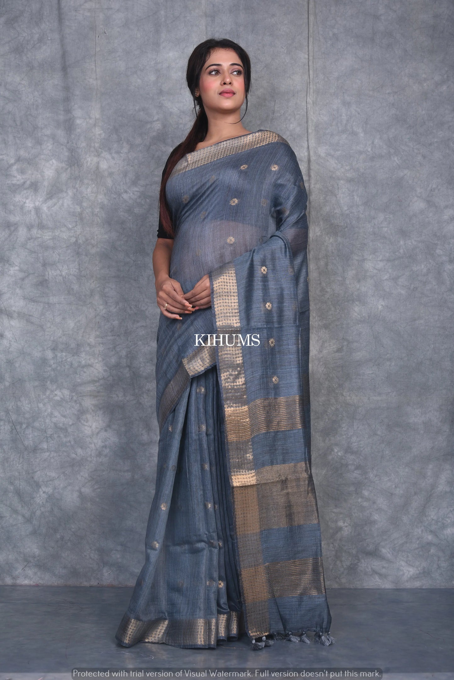Grey Shade Handmade Baswada Silk Saree | Gold Zari Boota | KIHUMS Saree