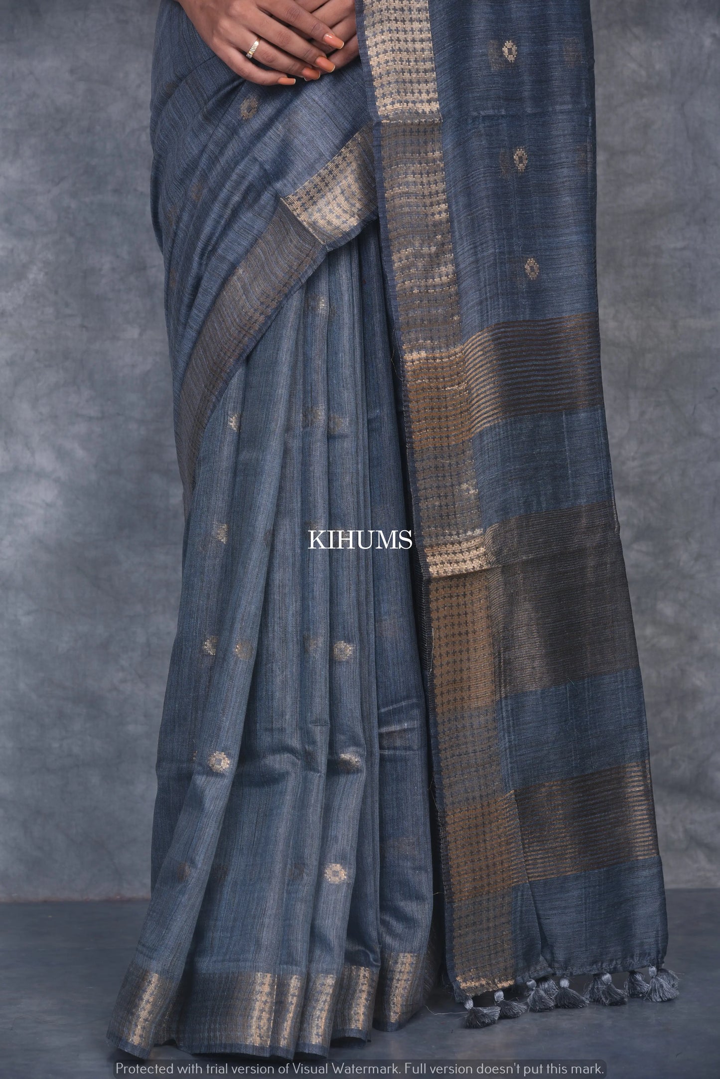 Grey Shade Handmade Baswada Silk Saree | Gold Zari Boota | KIHUMS Saree