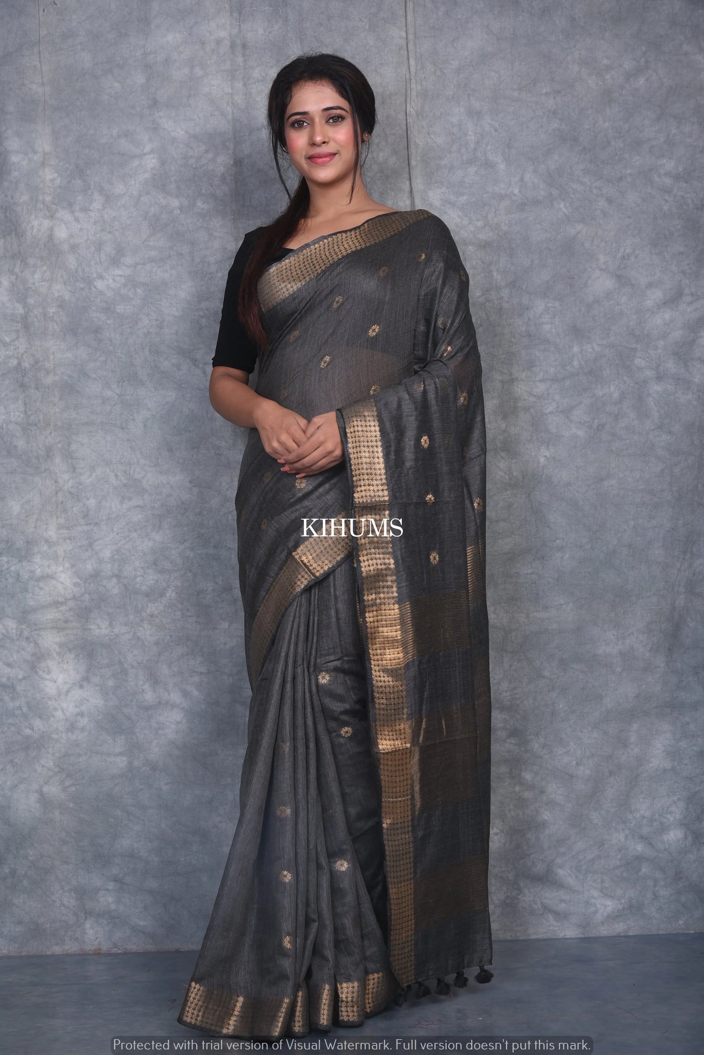 Black Shade Handmade Baswada Silk Saree | Gold Zari Boota | KIHUMS Saree