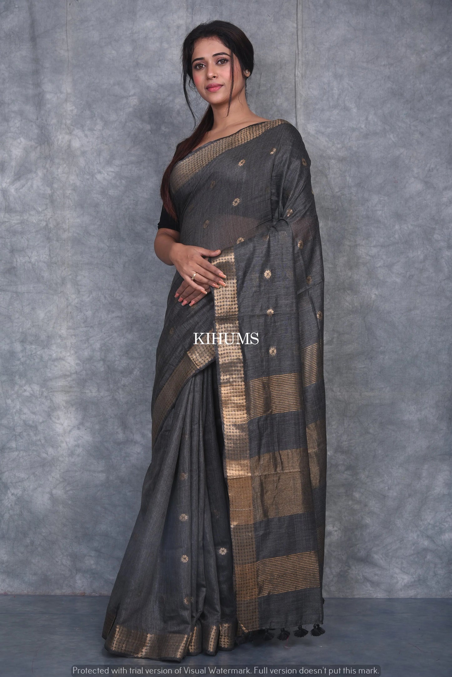 Black Shade Handmade Baswada Silk Saree | Gold Zari Boota | KIHUMS Saree
