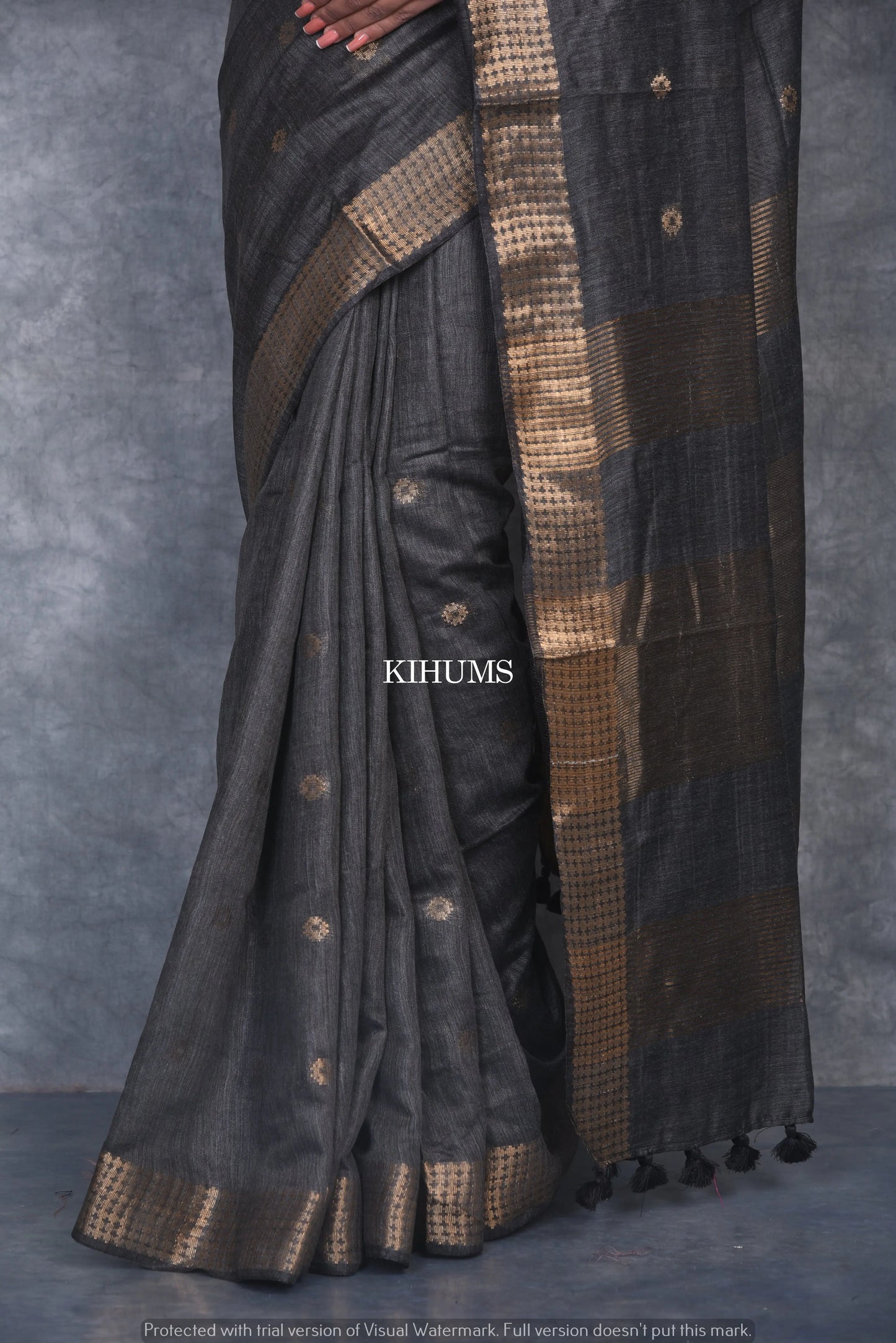 Black Shade Handmade Baswada Silk Saree | Gold Zari Boota | KIHUMS Saree