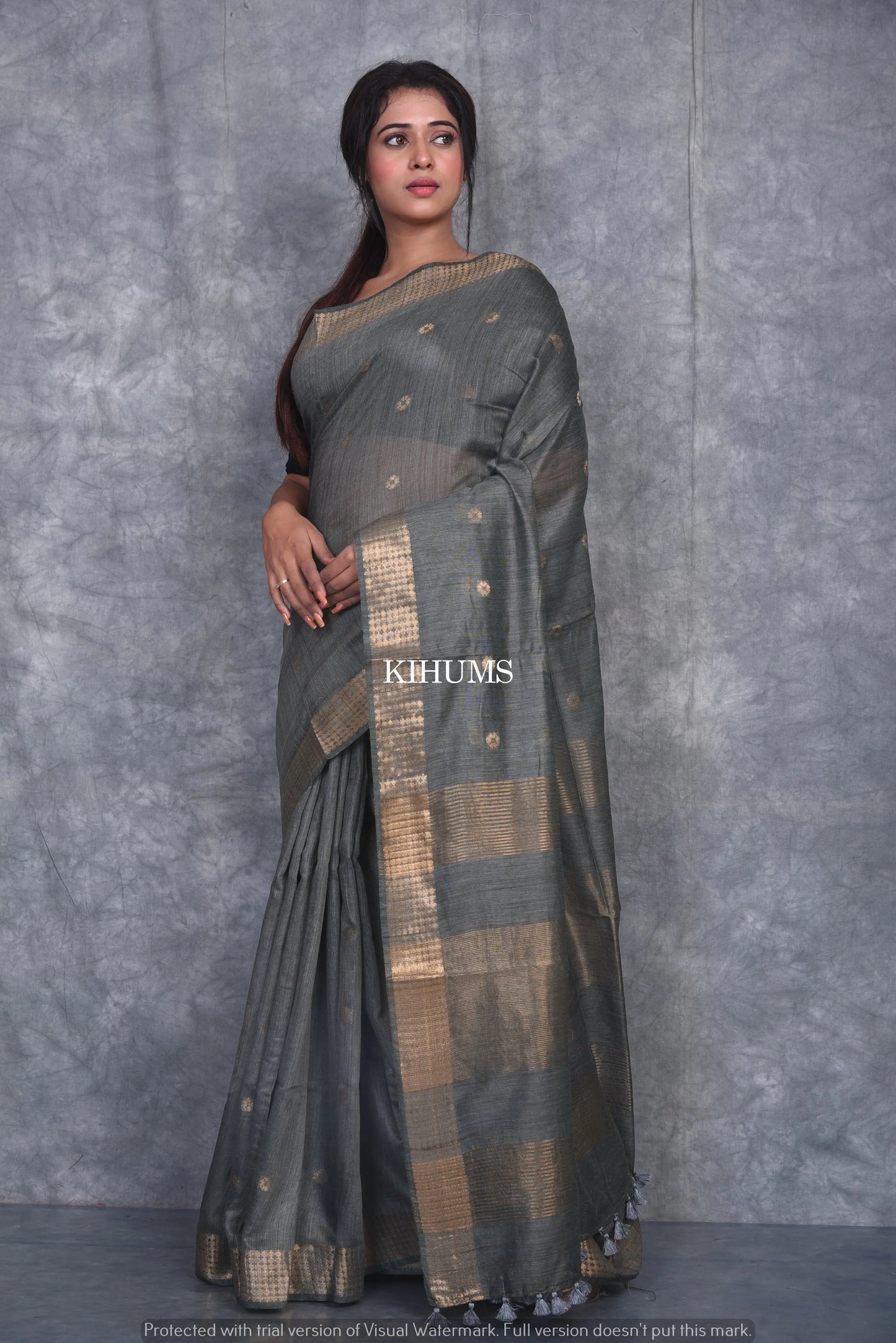 Greenish Grey Shade Handmade Baswada Silk Saree | Gold Zari Boota | KIHUMS Saree