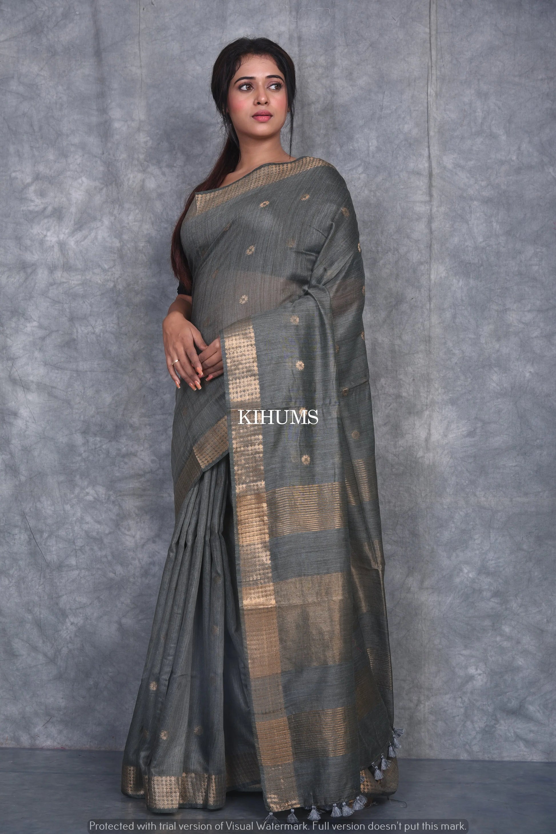 Greenish Grey Shade Handmade Baswada Silk Saree | Gold Zari Boota | KIHUMS Saree kihums clothing