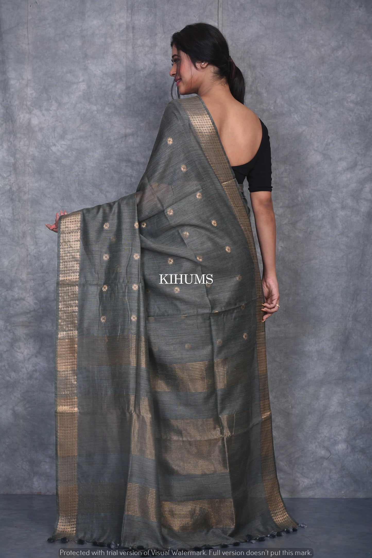 Greenish Grey Shade Handmade Baswada Silk Saree | Gold Zari Boota | KIHUMS Saree
