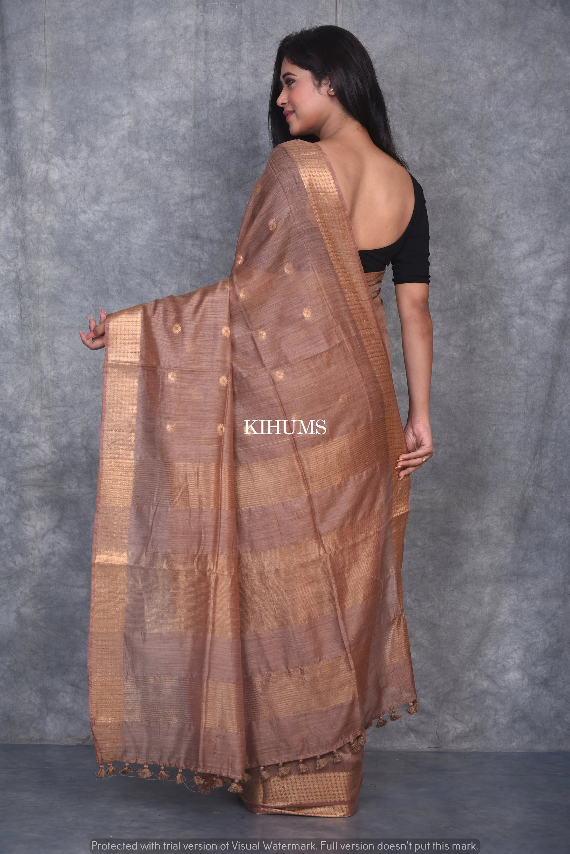 Chocolate Shade Handmade Baswada Silk Saree | Gold Zari Boota | KIHUMS Saree kihums clothing