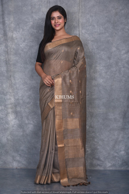 Dusty Brown Shade Handmade Baswada Silk Saree | Gold Zari Boota | KIHUMS Saree kihums clothing
