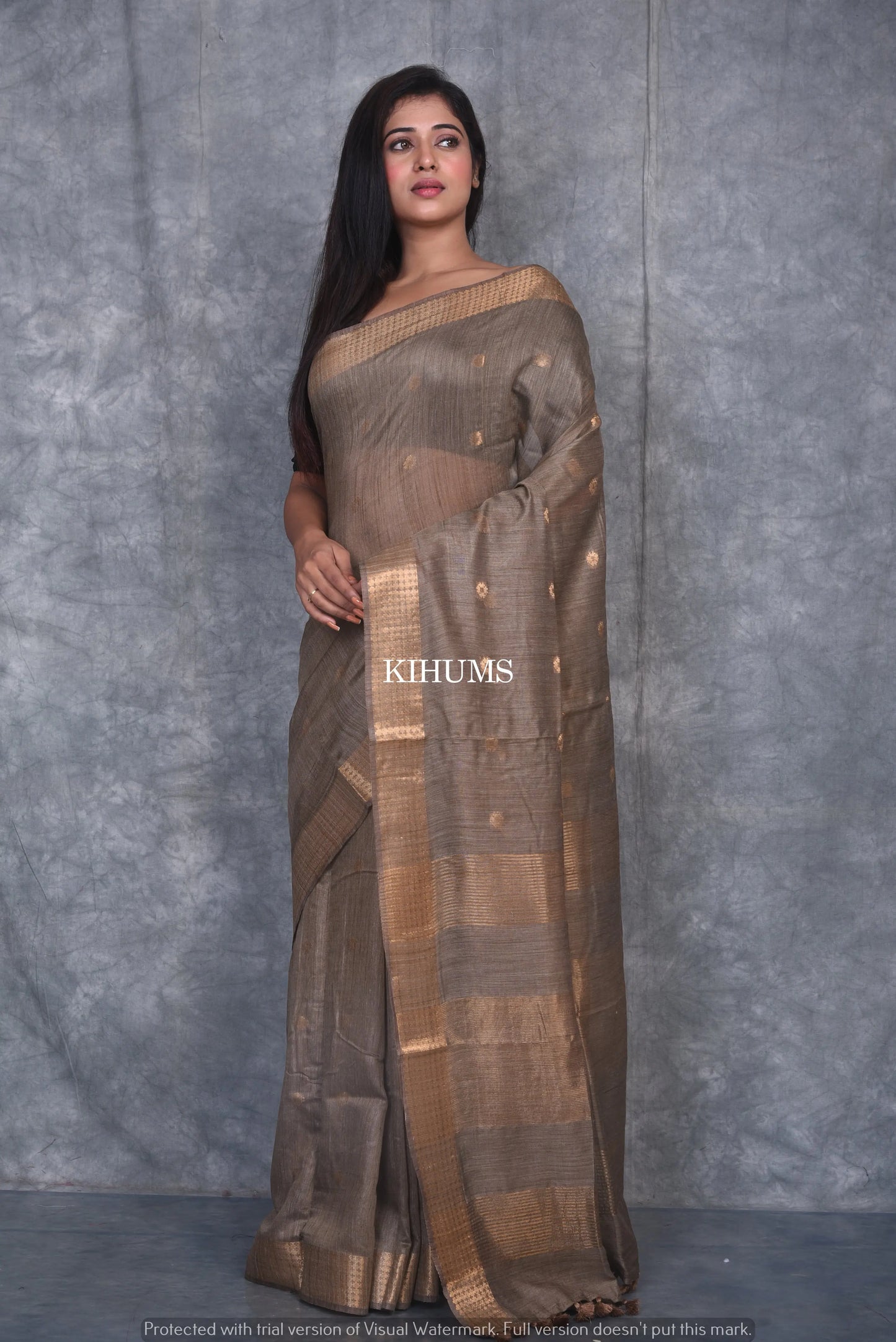 Dusty Brown Shade Handmade Baswada Silk Saree | Gold Zari Boota | KIHUMS Saree kihums clothing