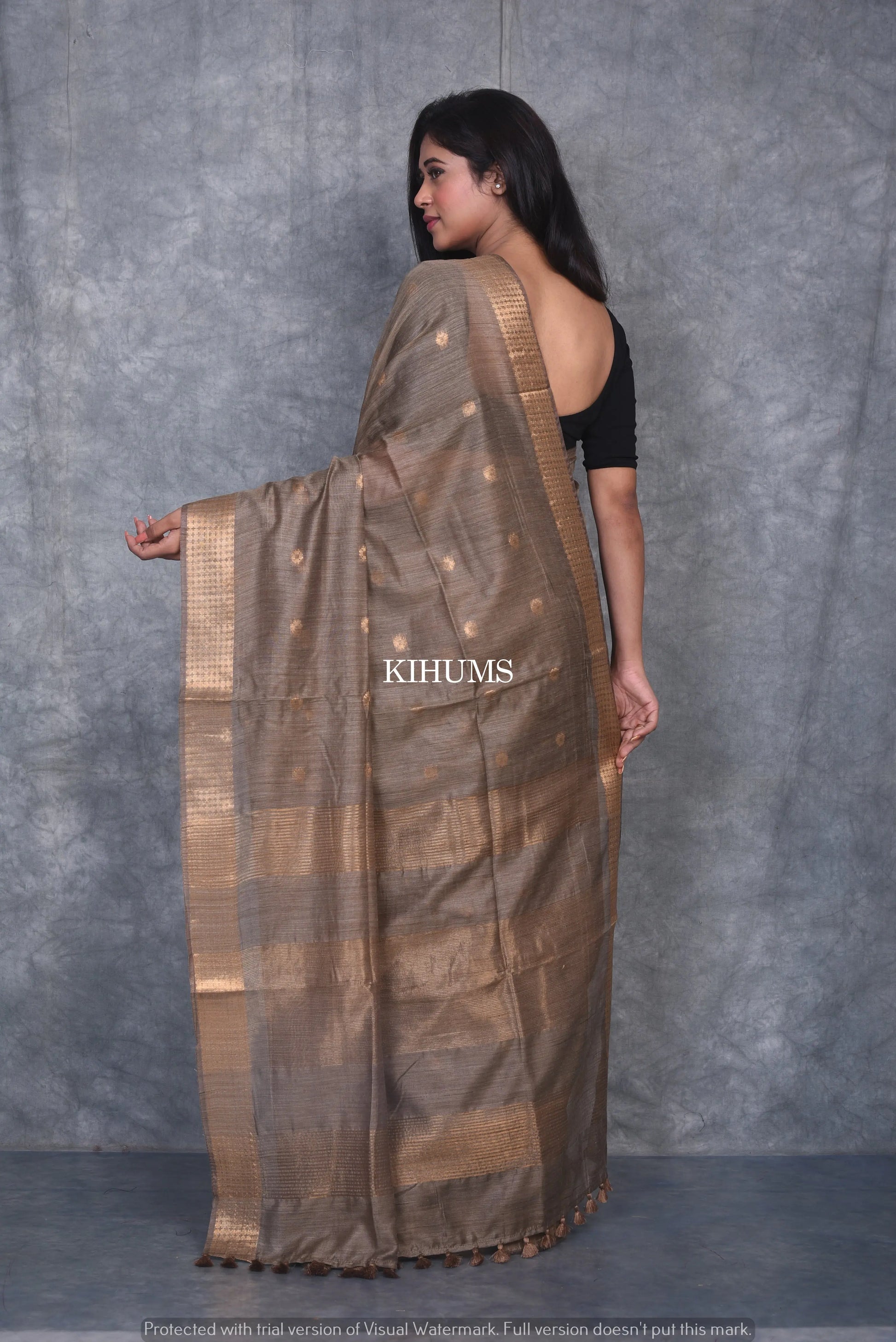 Dusty Brown Shade Handmade Baswada Silk Saree | Gold Zari Boota | KIHUMS Saree kihums clothing