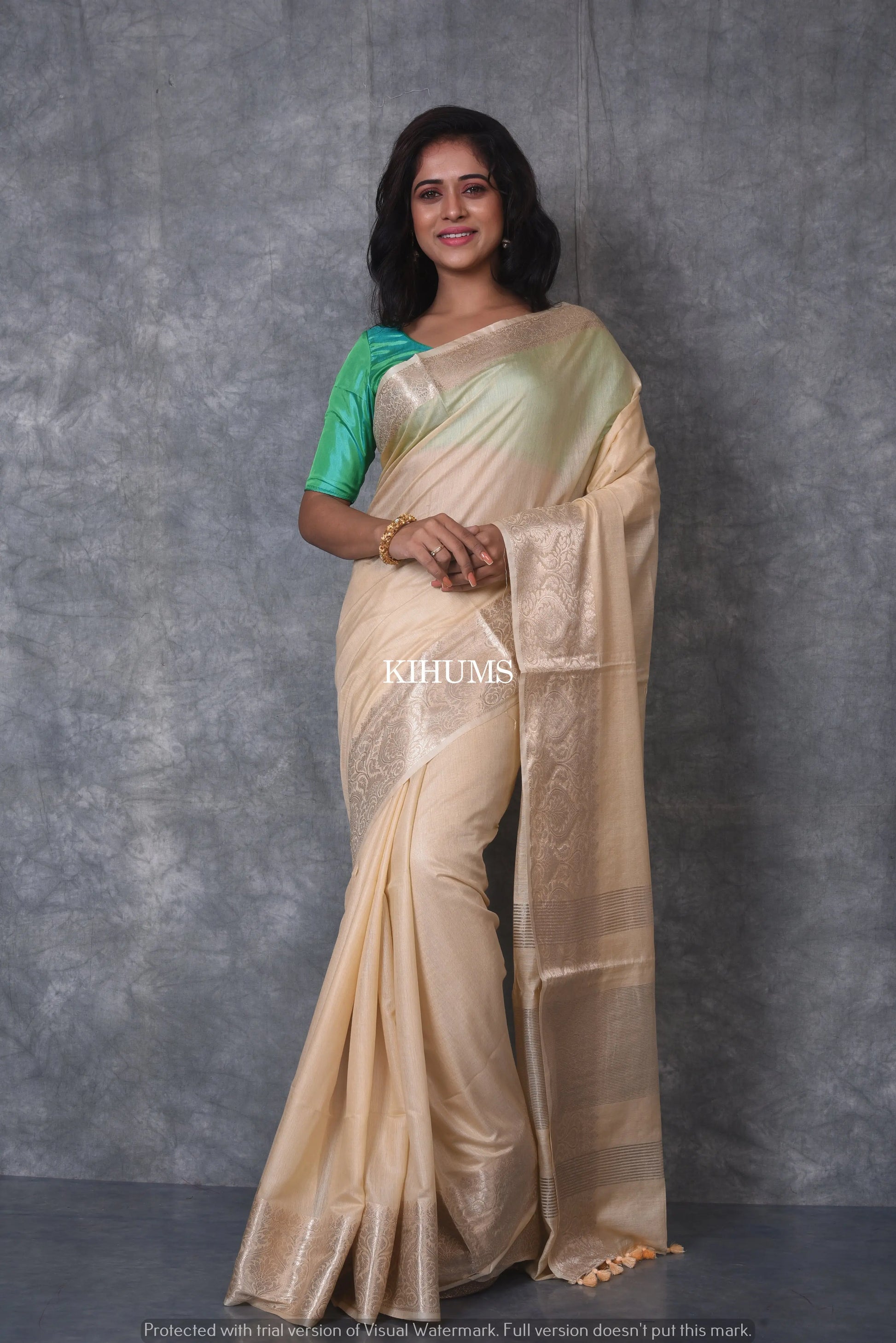Creamish Shade Handmade Silk Viscose Saree | Gold Zari Boota | KIHUMS Saree kihums clothing