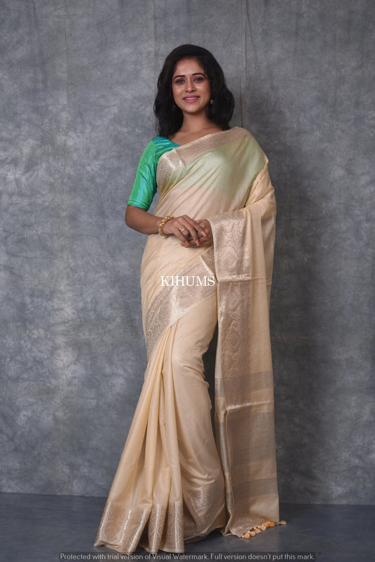 Creamish Shade Handmade Silk Viscose Saree | Gold Zari Boota | KIHUMS Saree kihums clothing