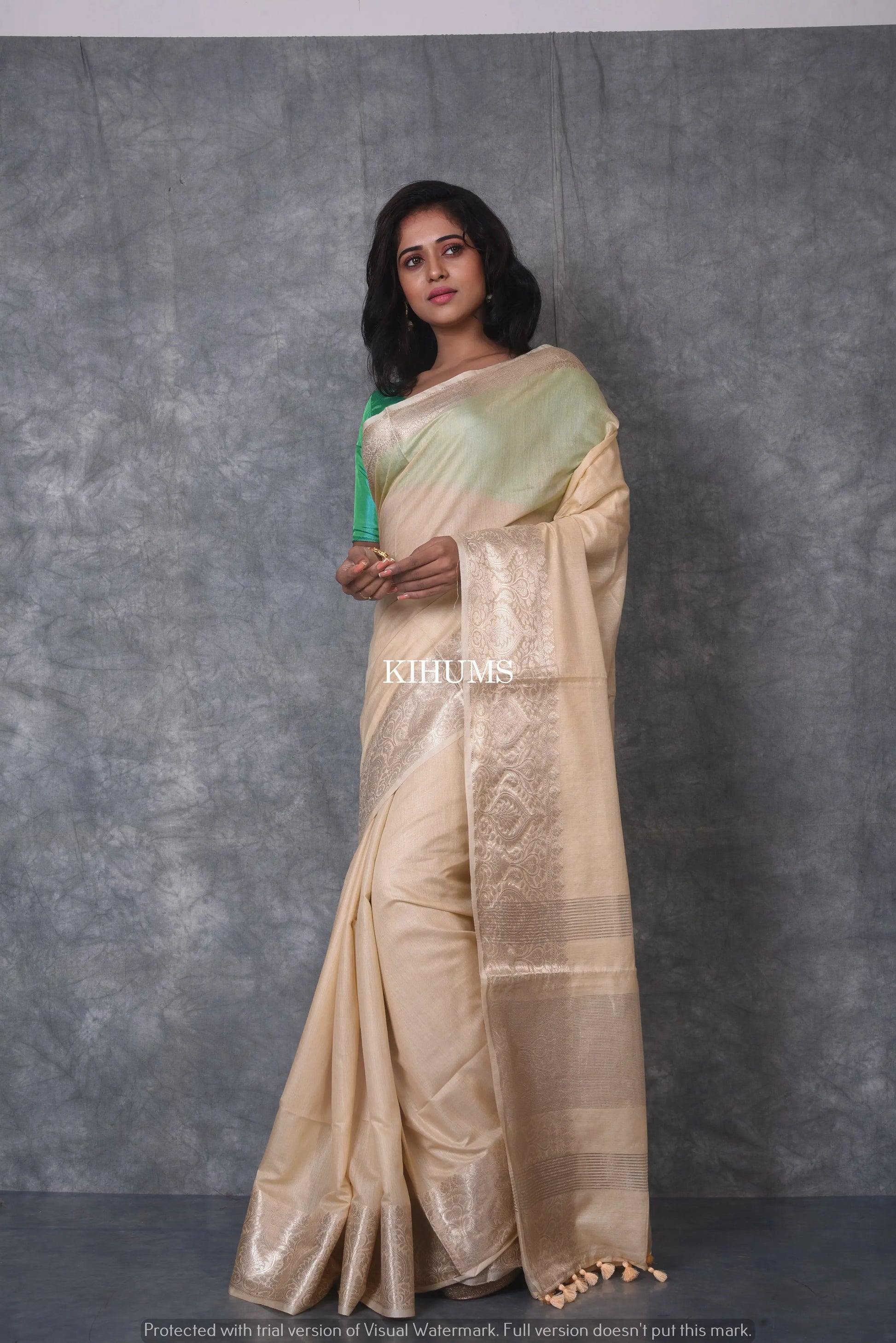 Creamish Shade Handmade Silk Viscose Saree | Gold Zari Boota | KIHUMS Saree kihums clothing